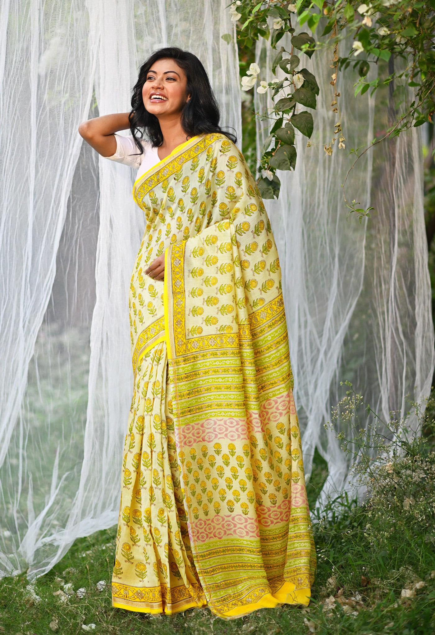 Yellow Pure Hand Block Printed Chanderi Sico Saree-UNM79364