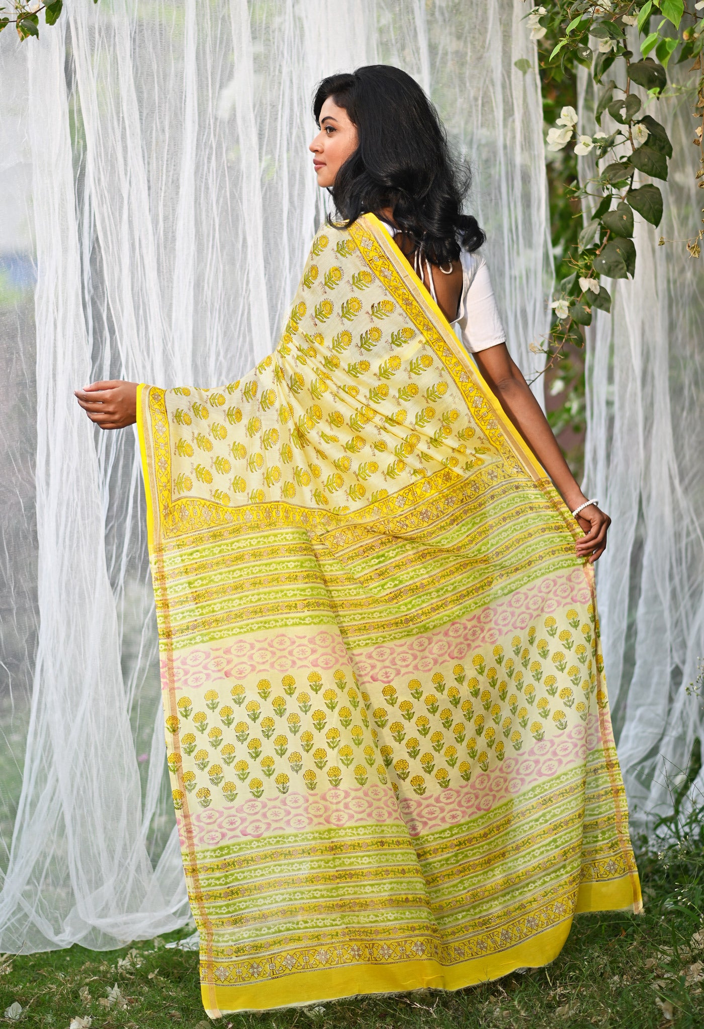 Yellow Pure Hand Block Printed Chanderi Sico Saree-UNM79364