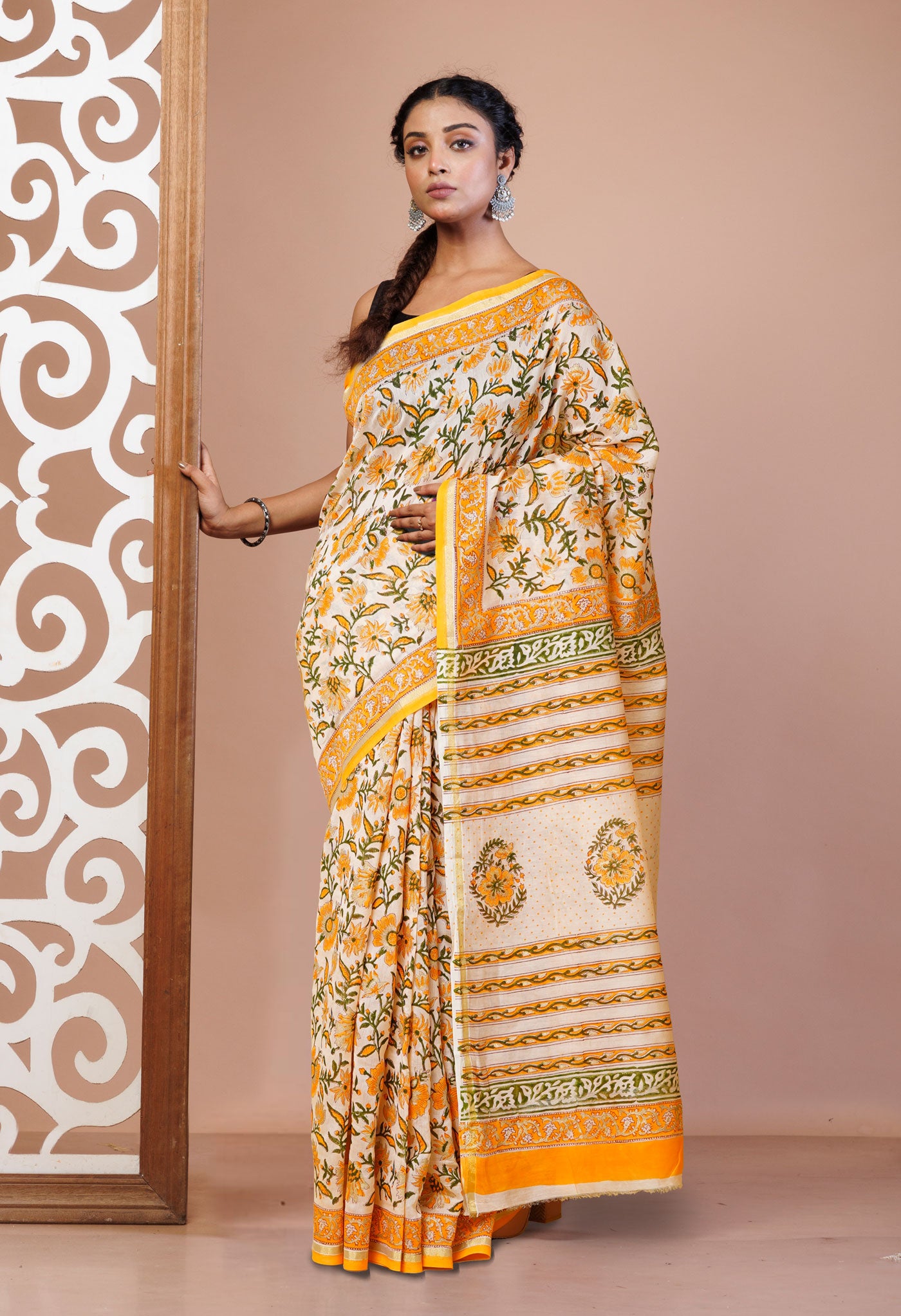 Orange Pure Hand Block Printed Chanderi Sico Saree