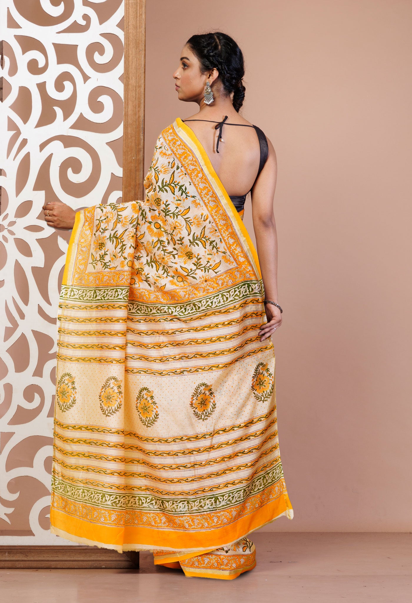 Orange Pure Hand Block Printed Chanderi Sico Saree