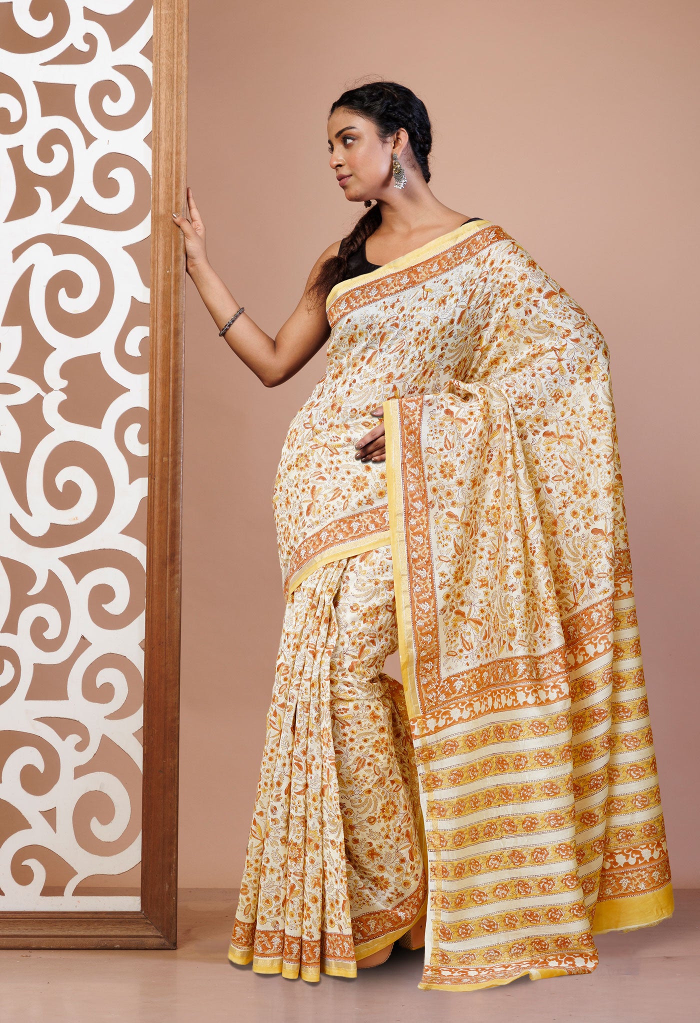 Cream Pure Hand Block Printed Chanderi Sico Saree