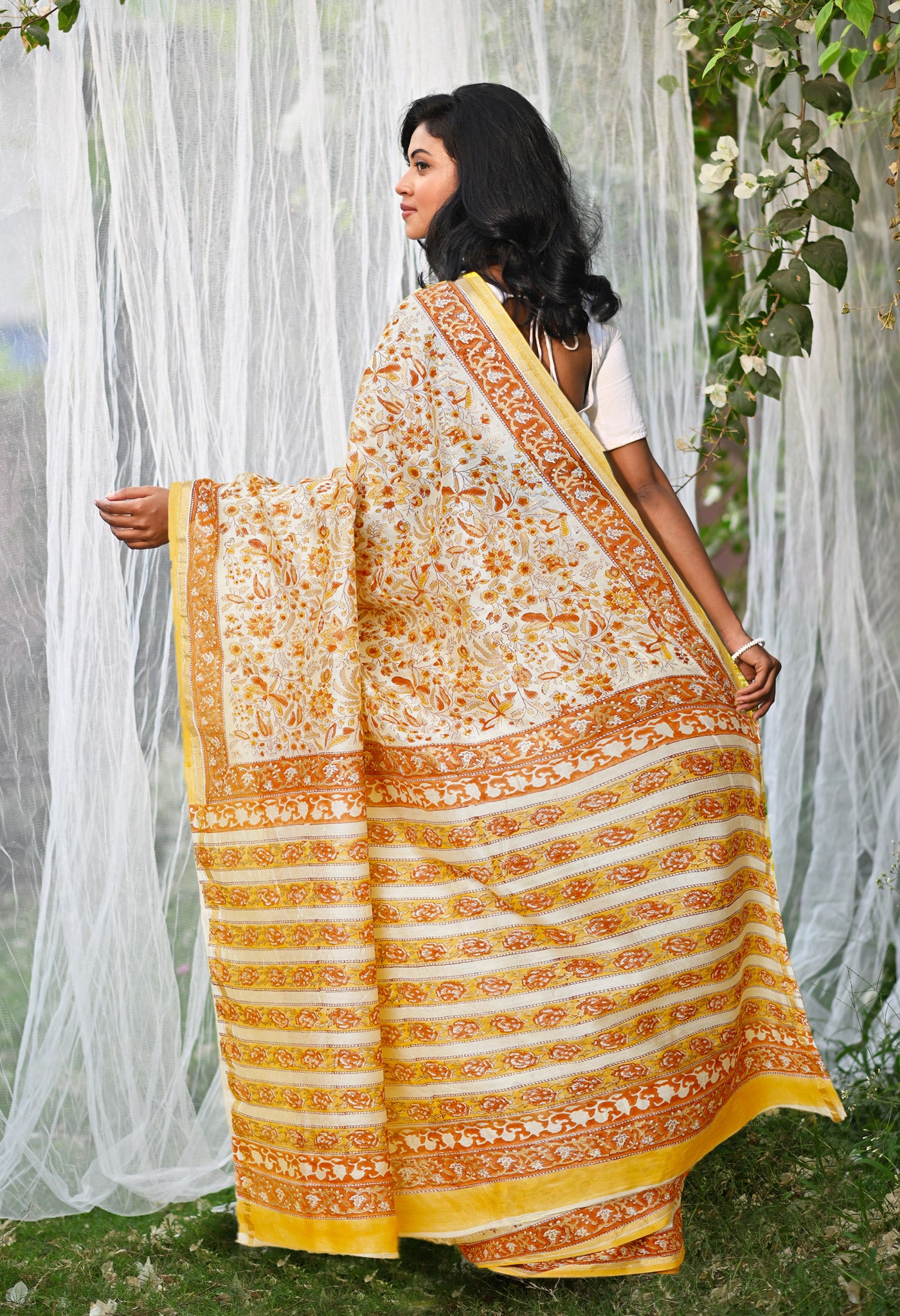 Cream Pure Hand Block Printed Chanderi Sico Saree-UNM79366