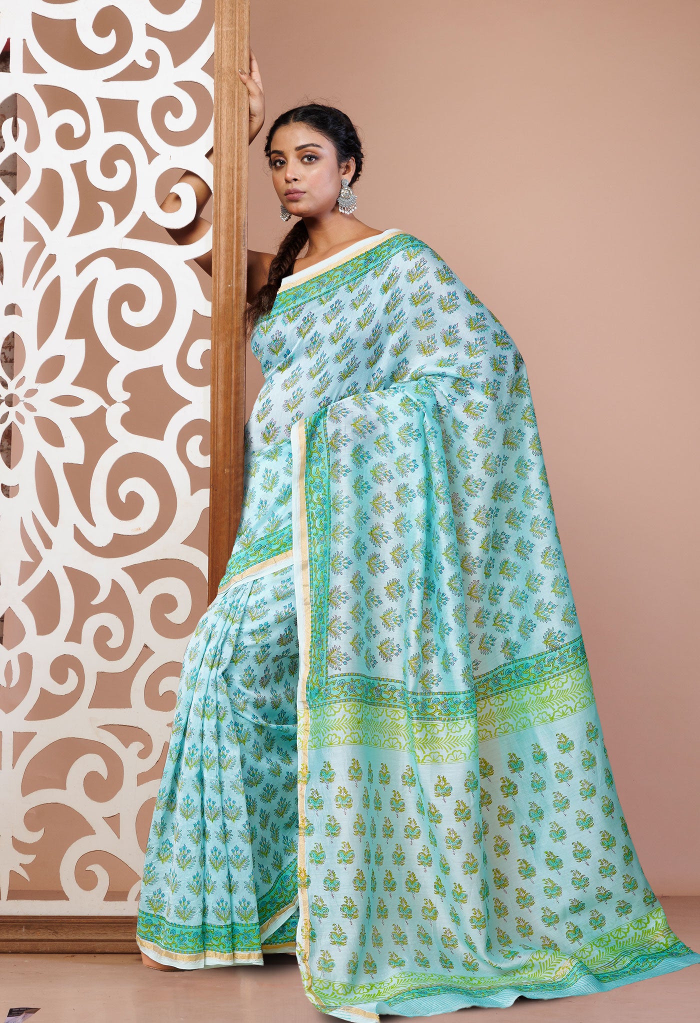 Turquoise Green Pure Hand Block Printed Chanderi Sico Saree