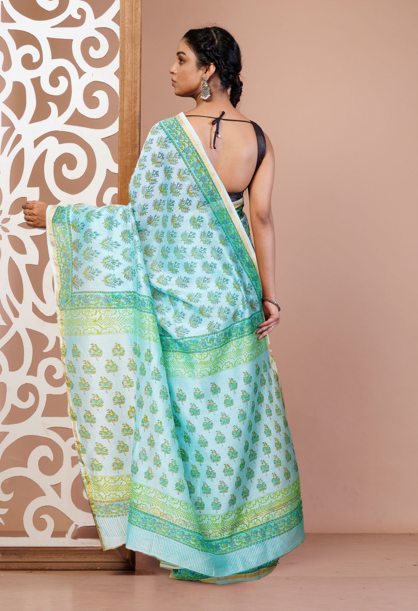 Turquoise Green Pure Hand Block Printed Chanderi Sico Saree