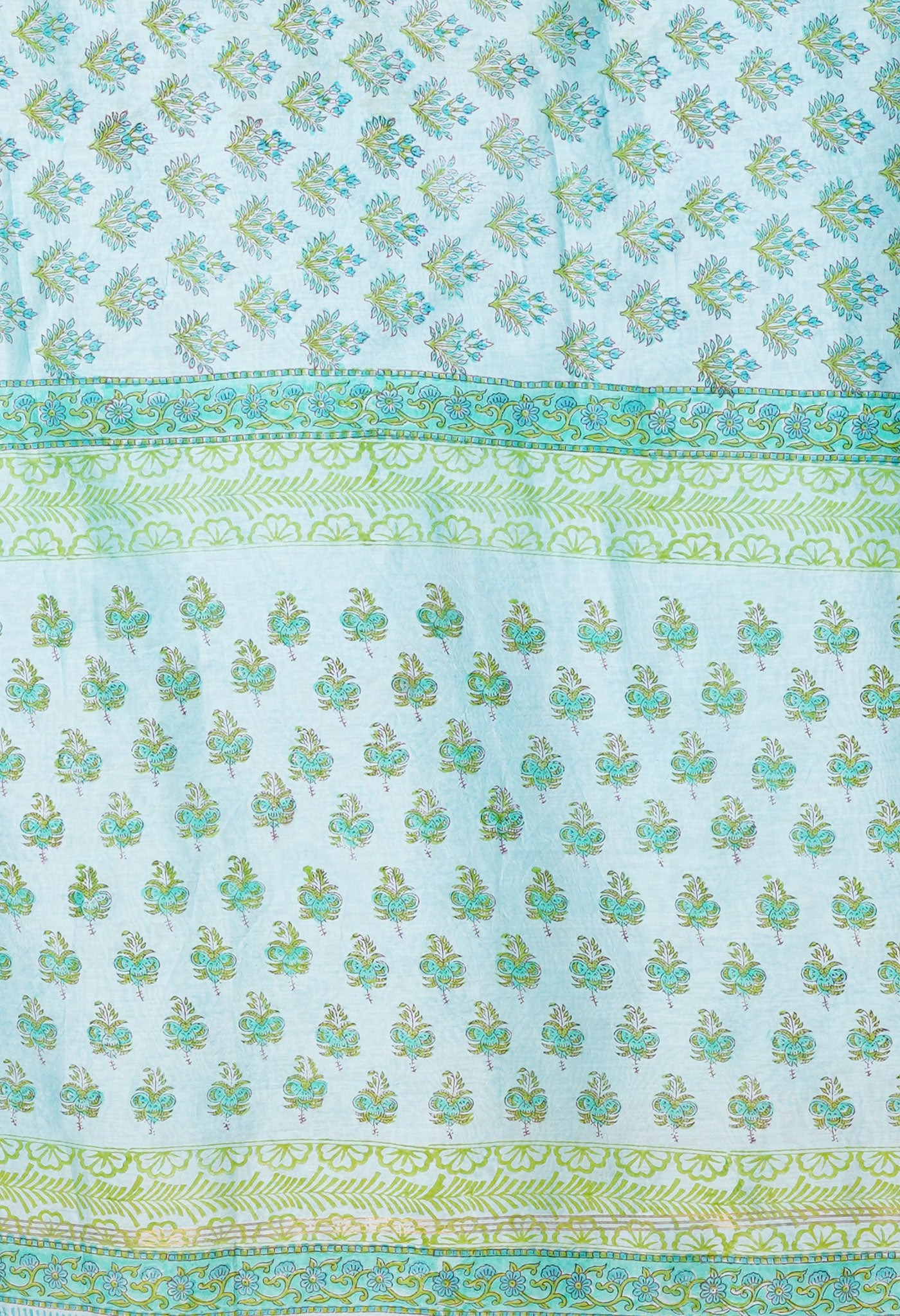 Turquoise Green Pure Hand Block Printed Chanderi Sico Saree