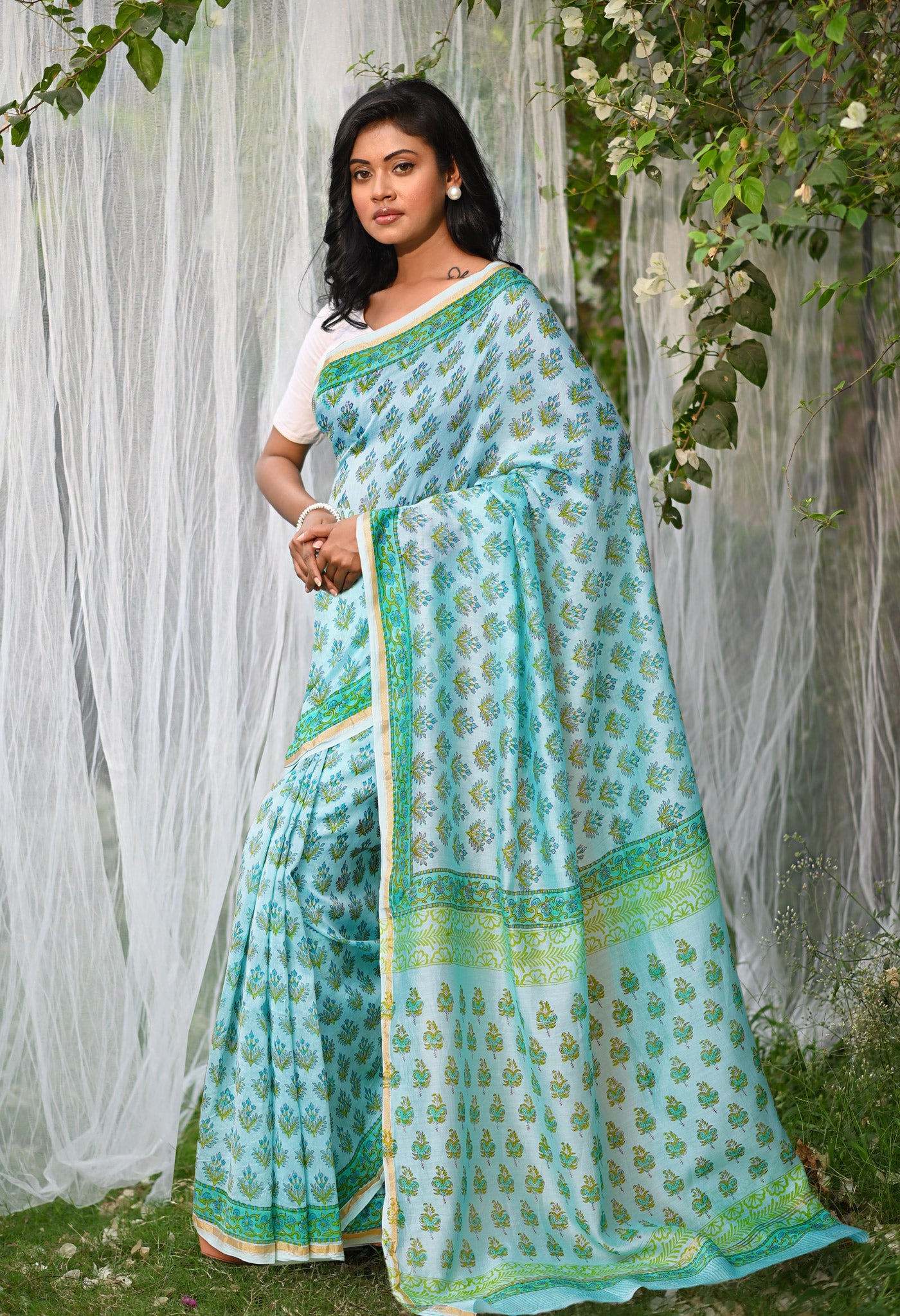 Turquoise Green Pure Hand Block Printed Chanderi Sico Saree-UNM79367