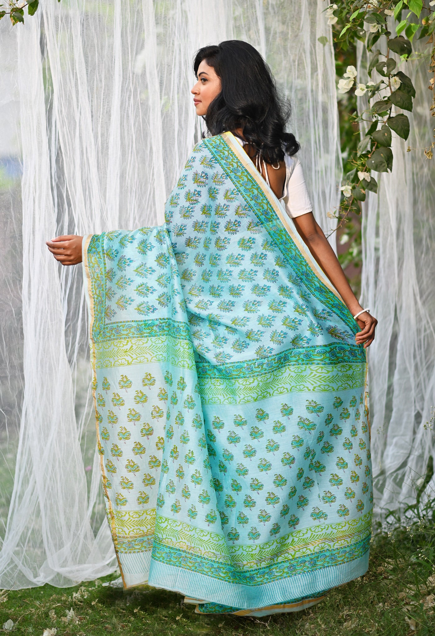 Turquoise Green Pure Hand Block Printed Chanderi Sico Saree-UNM79367