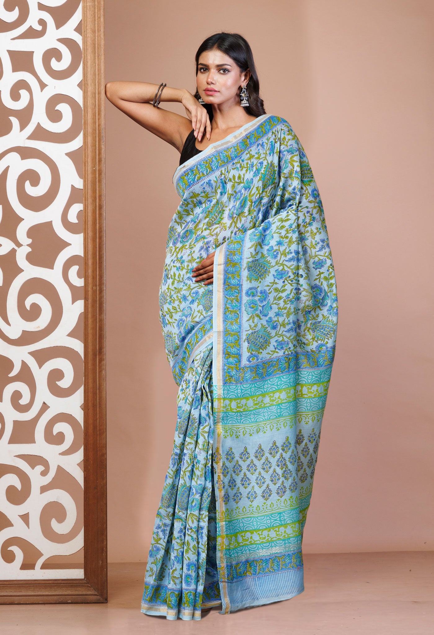 Blue Pure Hand Block Printed Chanderi Sico Saree