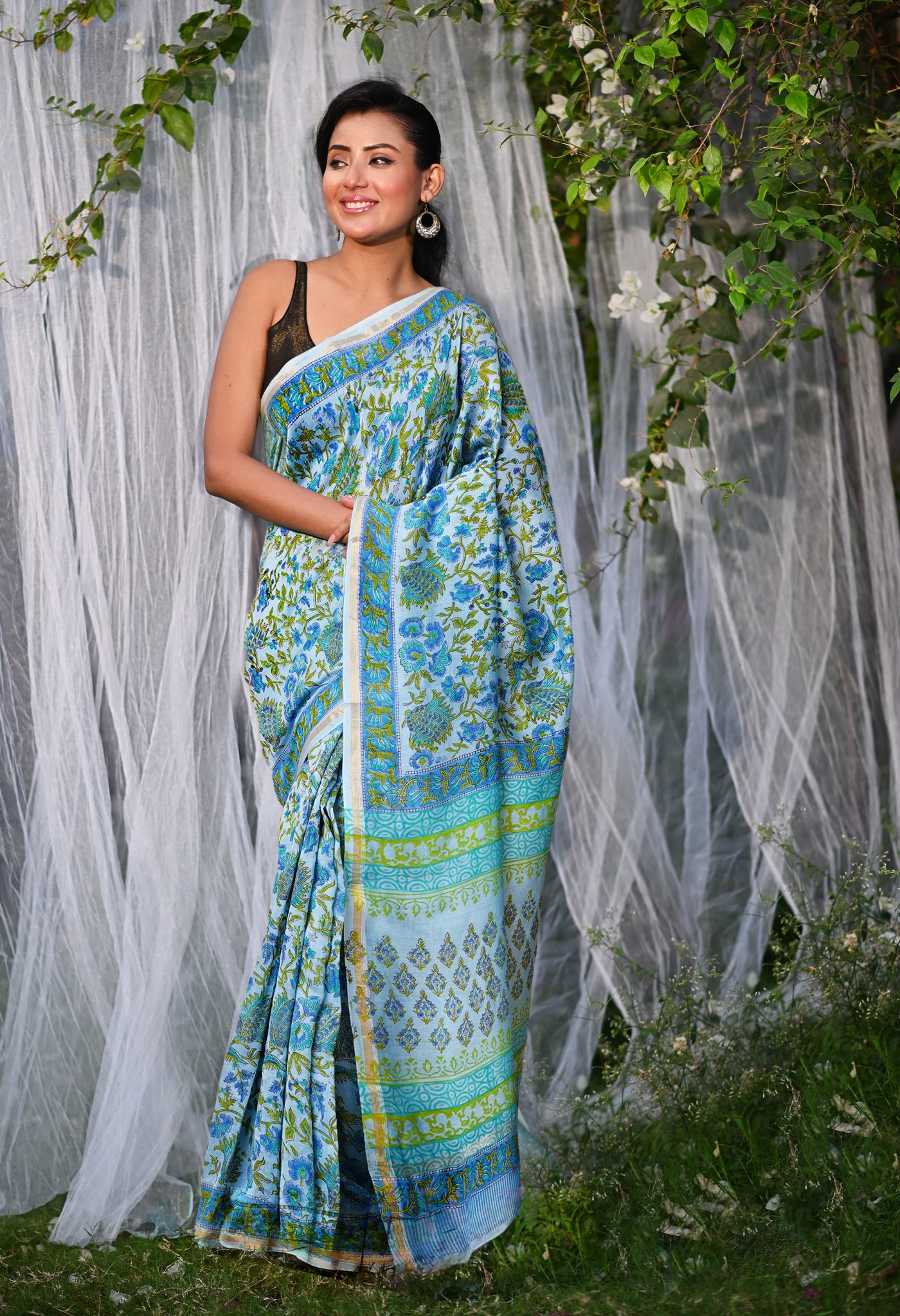 Blue Pure Hand Block Printed Chanderi Sico Saree-UNM79368