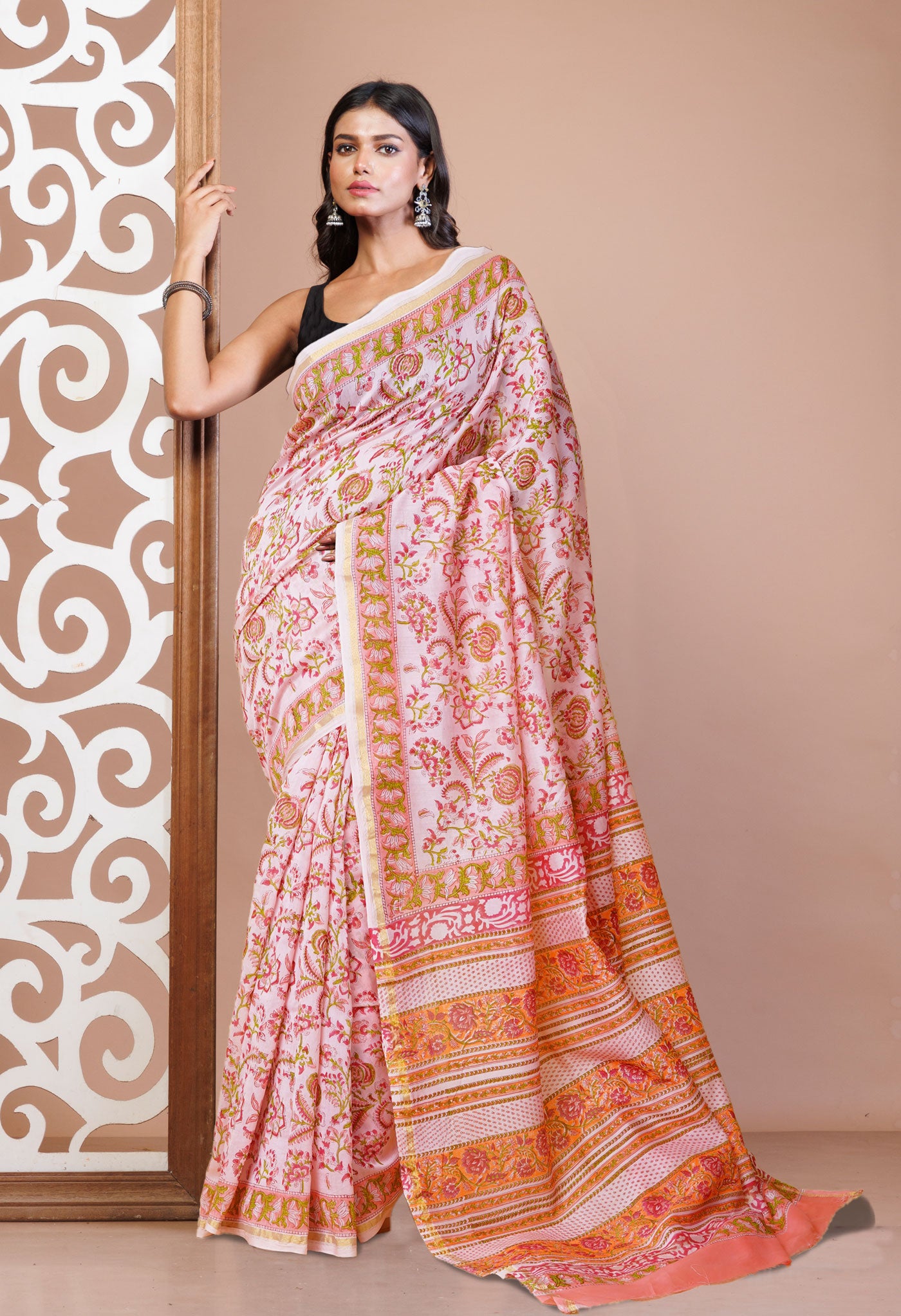 Pink Pure Hand Block Printed Chanderi Sico Saree