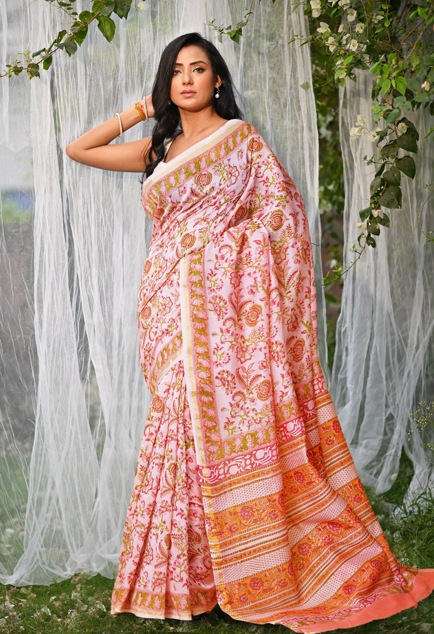 Pink Pure Hand Block Printed Chanderi Sico Saree-UNM79369