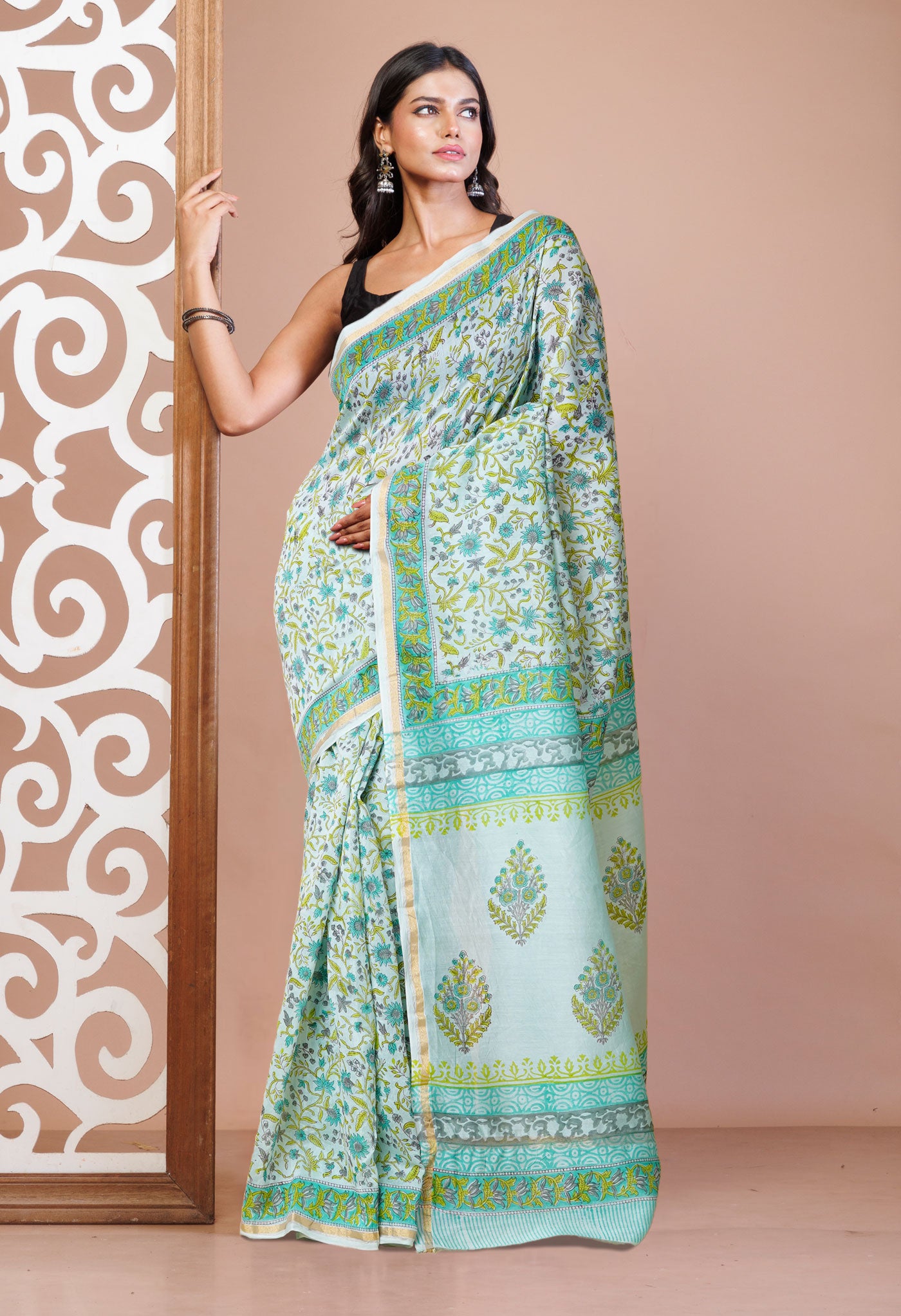 Turquoise Green Pure Hand Block Printed Chanderi Sico Saree