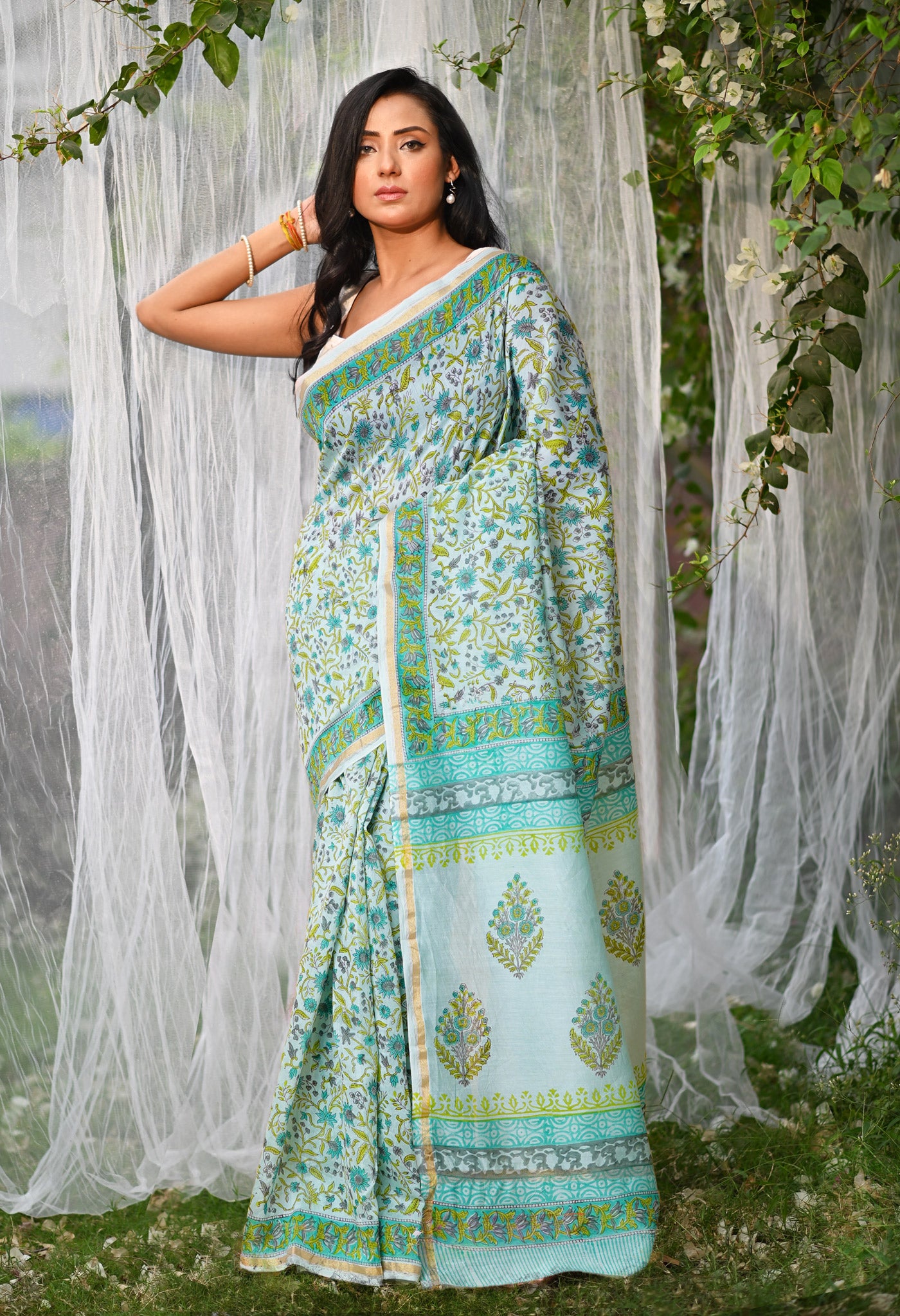 Turquoise Green Pure Hand Block Printed Chanderi Sico Saree-UNM79370