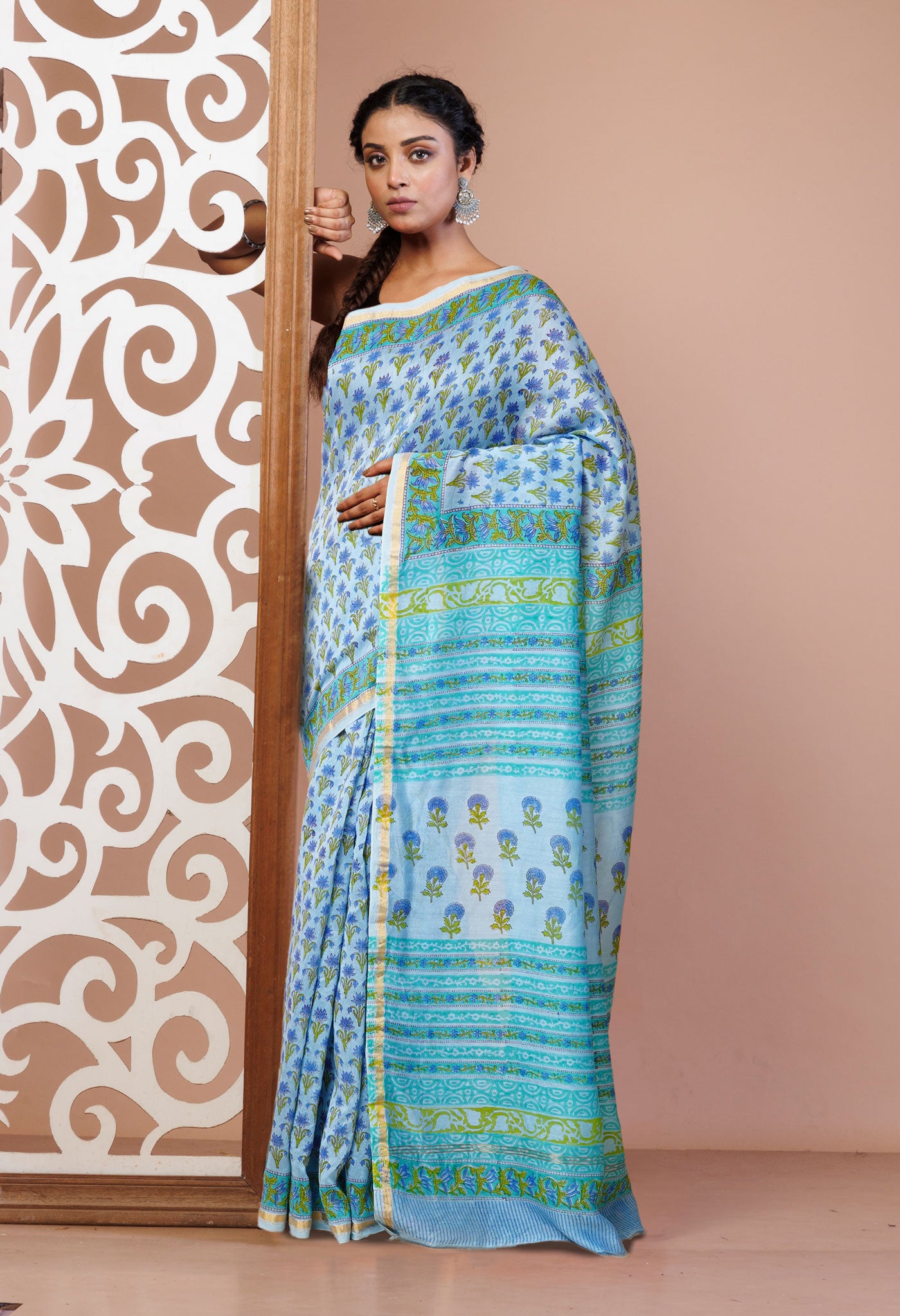 Blue Pure Hand Block Printed Chanderi Sico Saree