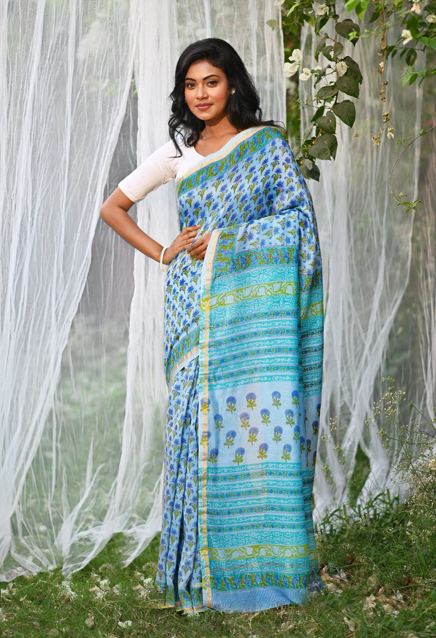 Blue Pure Hand Block Printed Chanderi Sico Saree-UNM79371