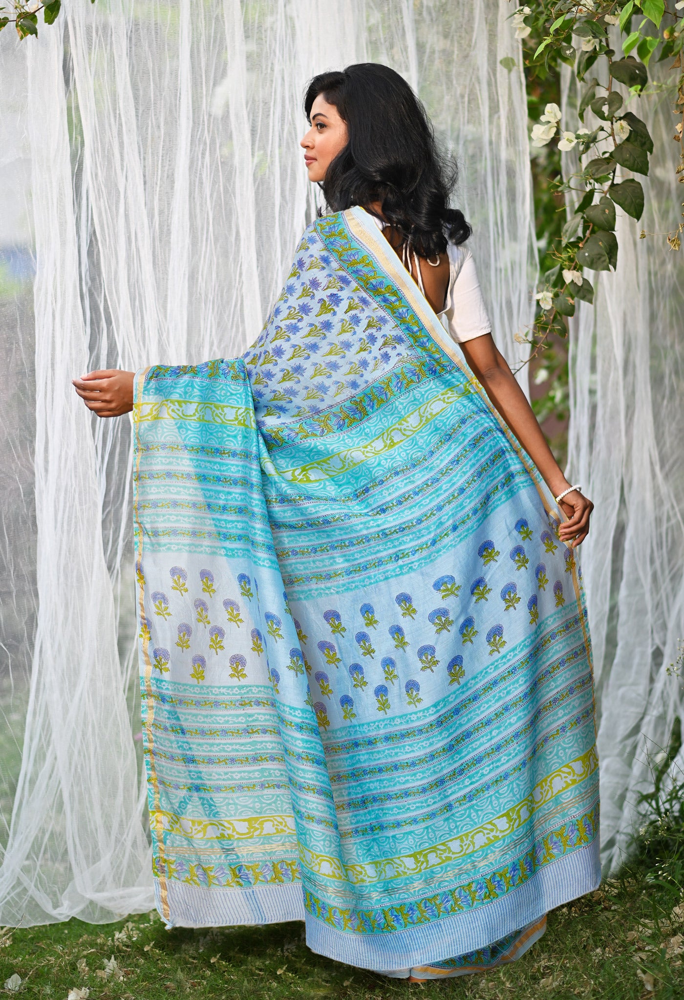 Blue Pure Hand Block Printed Chanderi Sico Saree-UNM79371