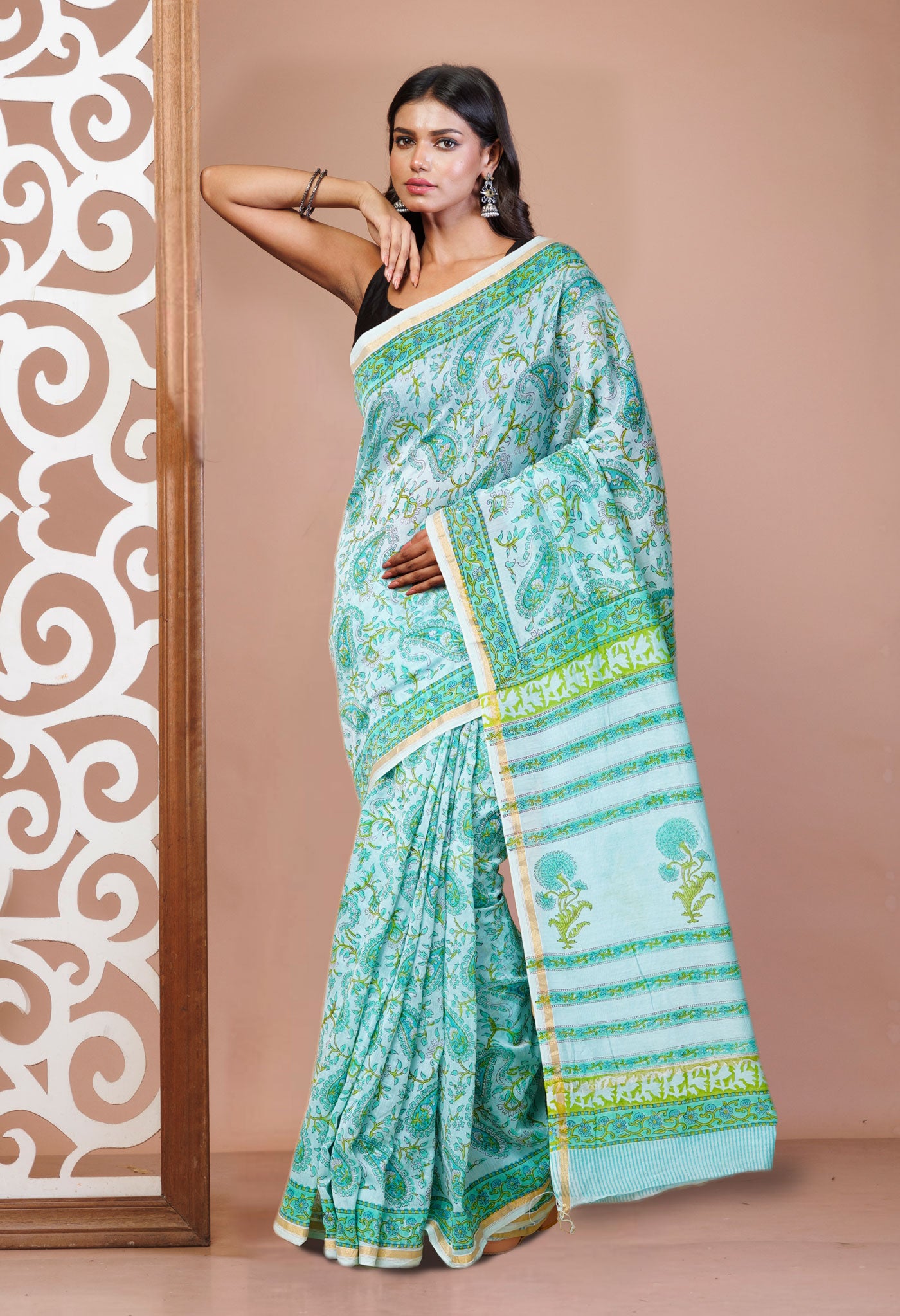 Turquoise Green Pure Hand Block Printed Chanderi Sico Saree