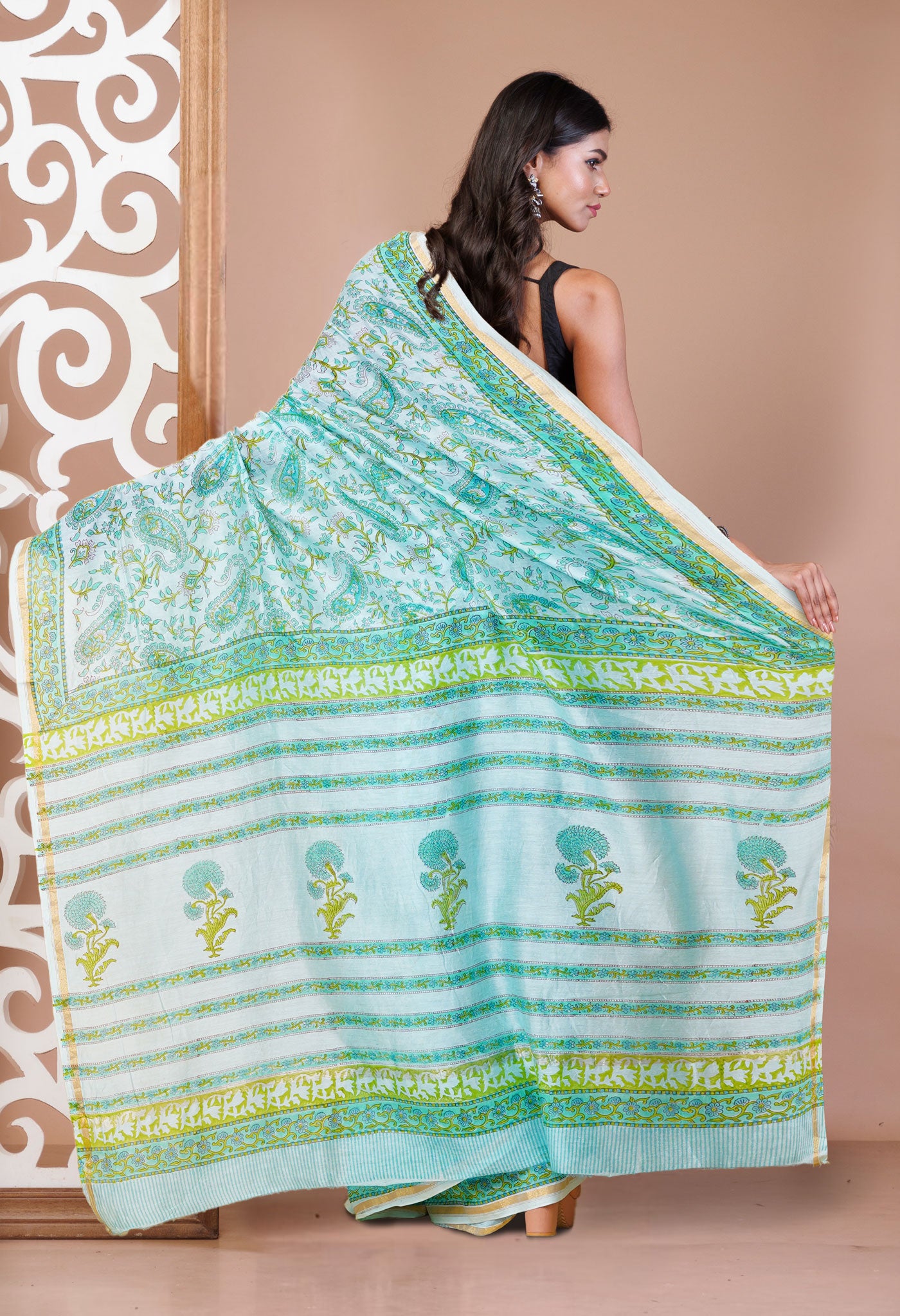 Turquoise Green Pure Hand Block Printed Chanderi Sico Saree-UNM79372