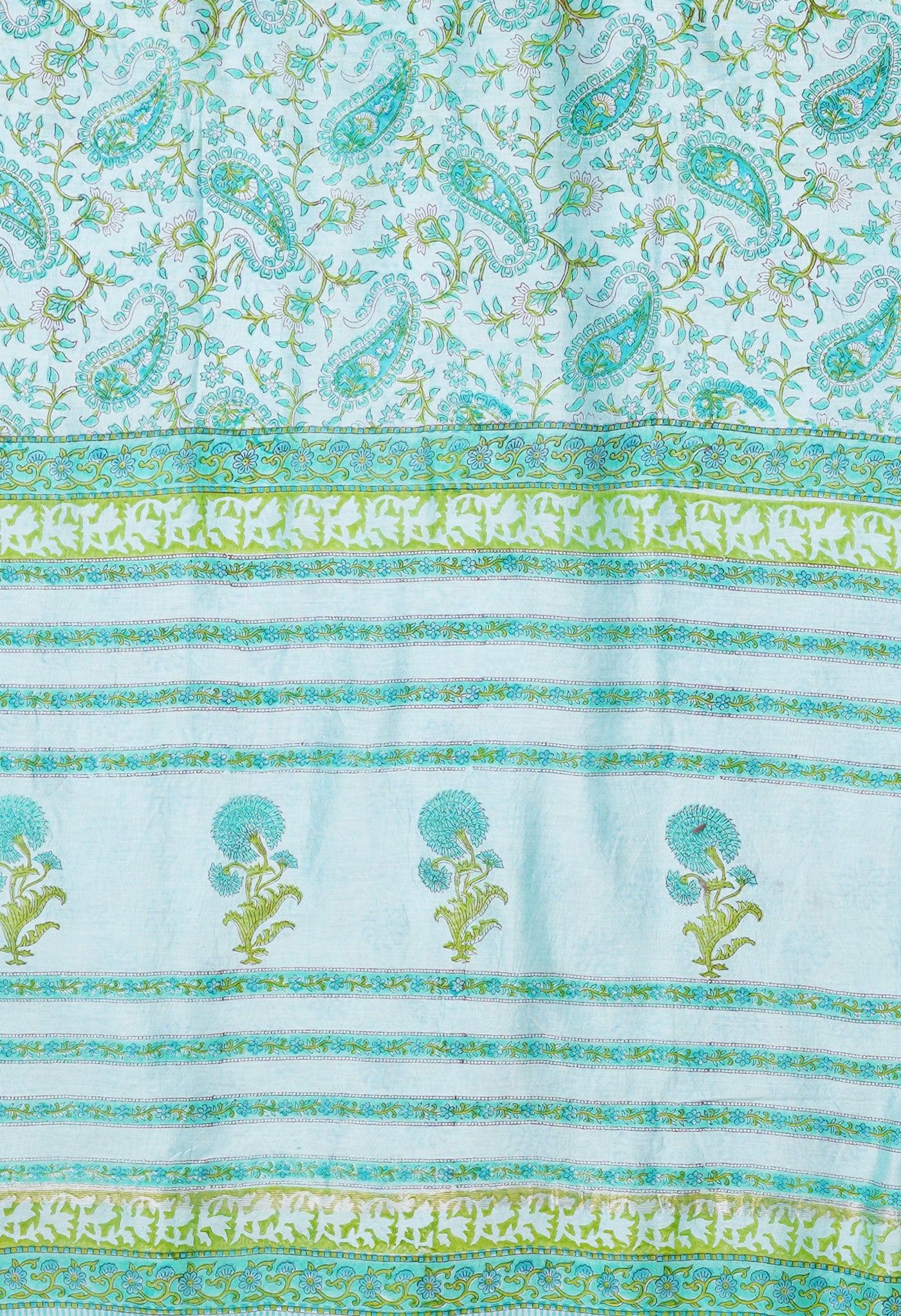 Turquoise Green Pure Hand Block Printed Chanderi Sico Saree