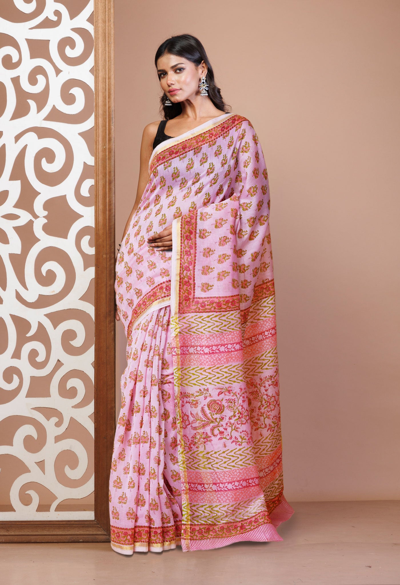 Pink Pure Hand Block Printed Chanderi Sico Saree