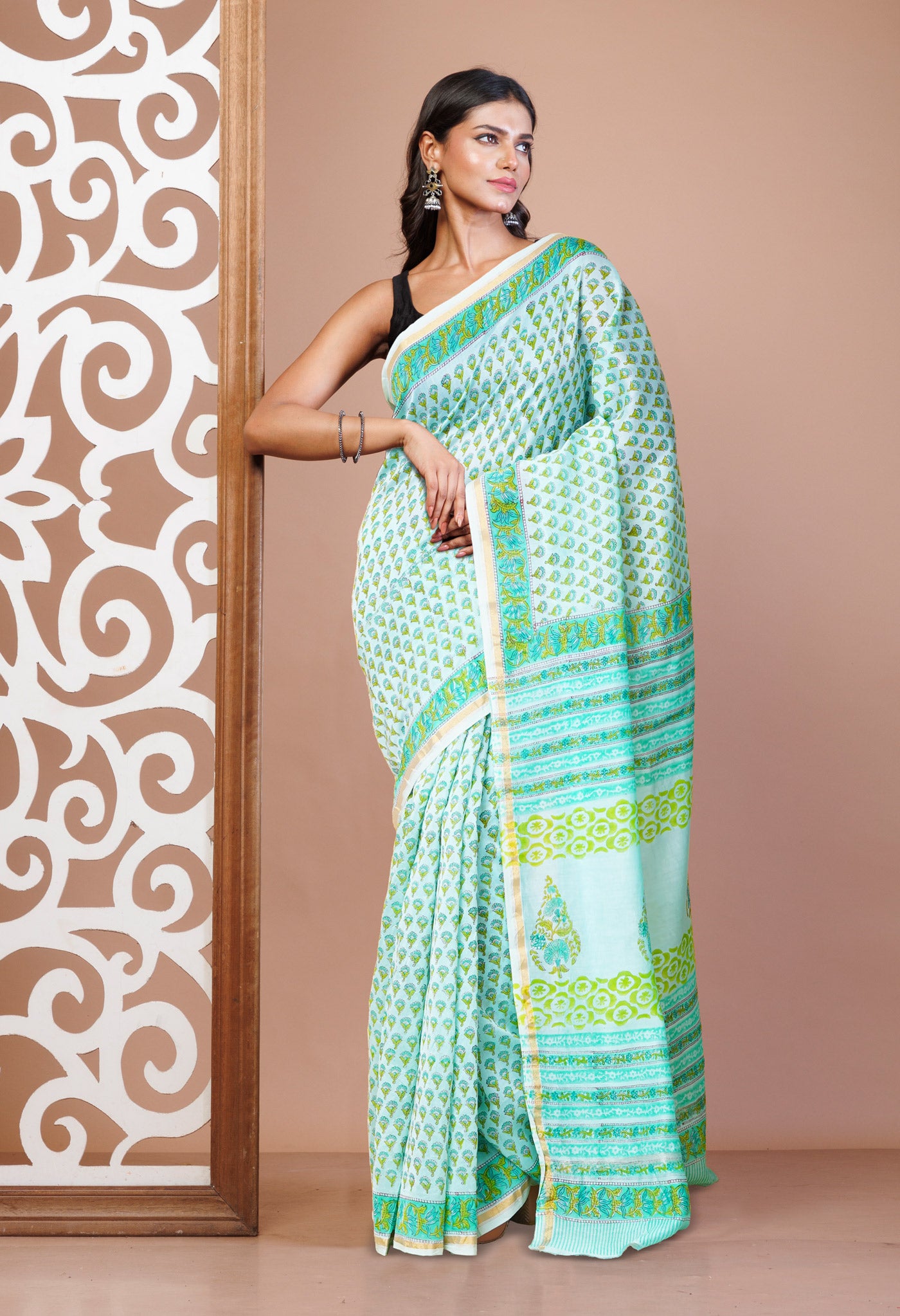 Turquoise Green Pure Hand Block Printed Chanderi Sico Saree