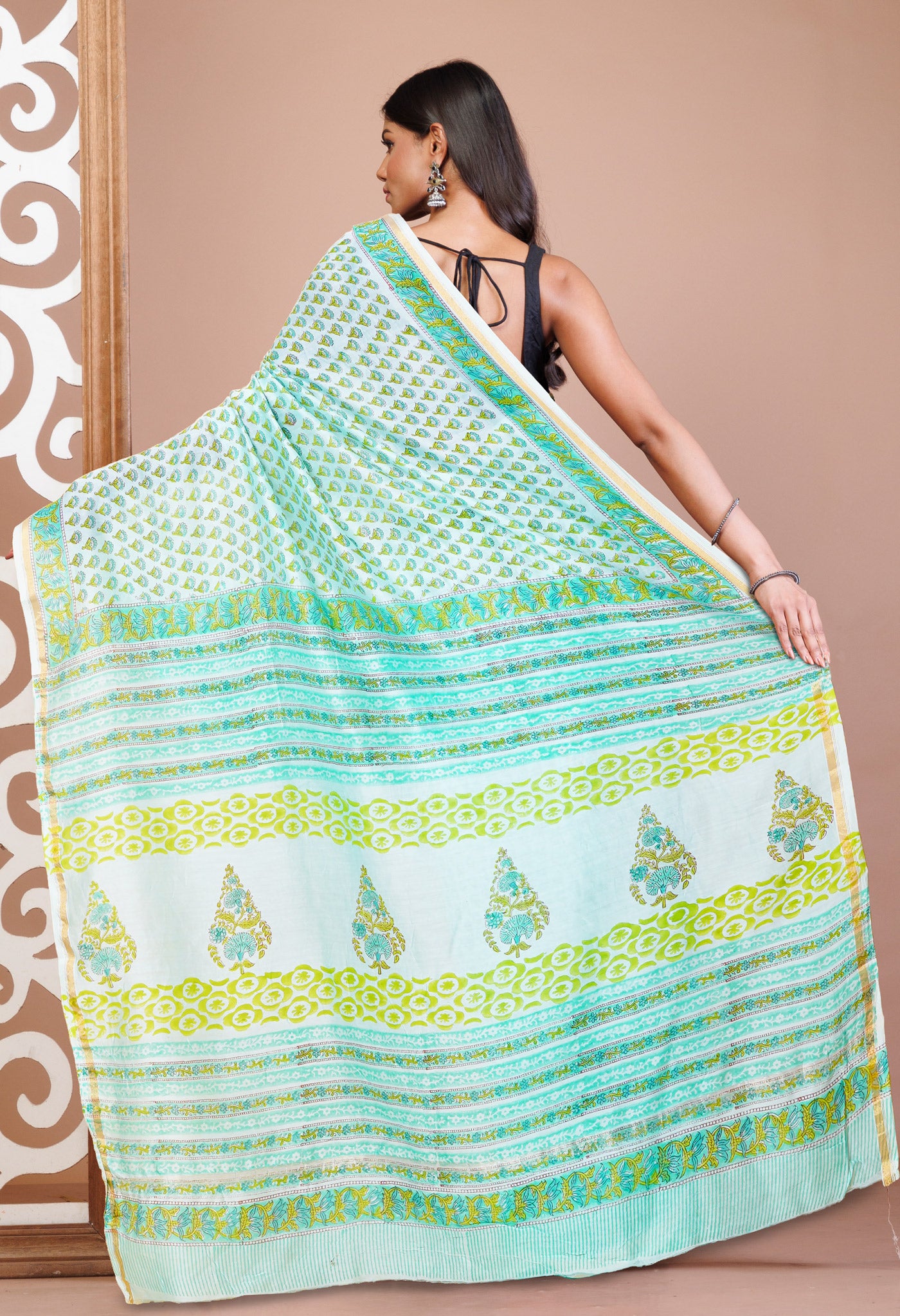 Turquoise Green Pure Hand Block Printed Chanderi Sico Saree-UNM79374