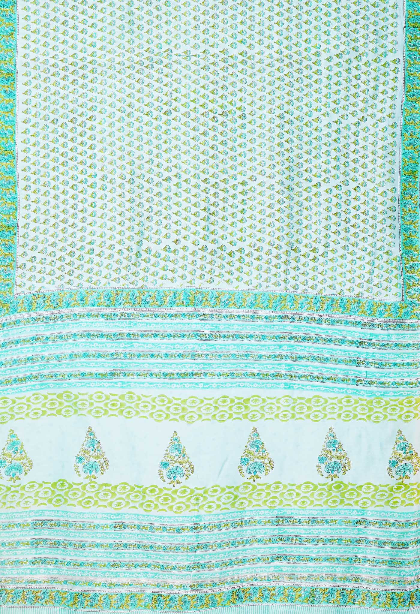 Turquoise Green Pure Hand Block Printed Chanderi Sico Saree