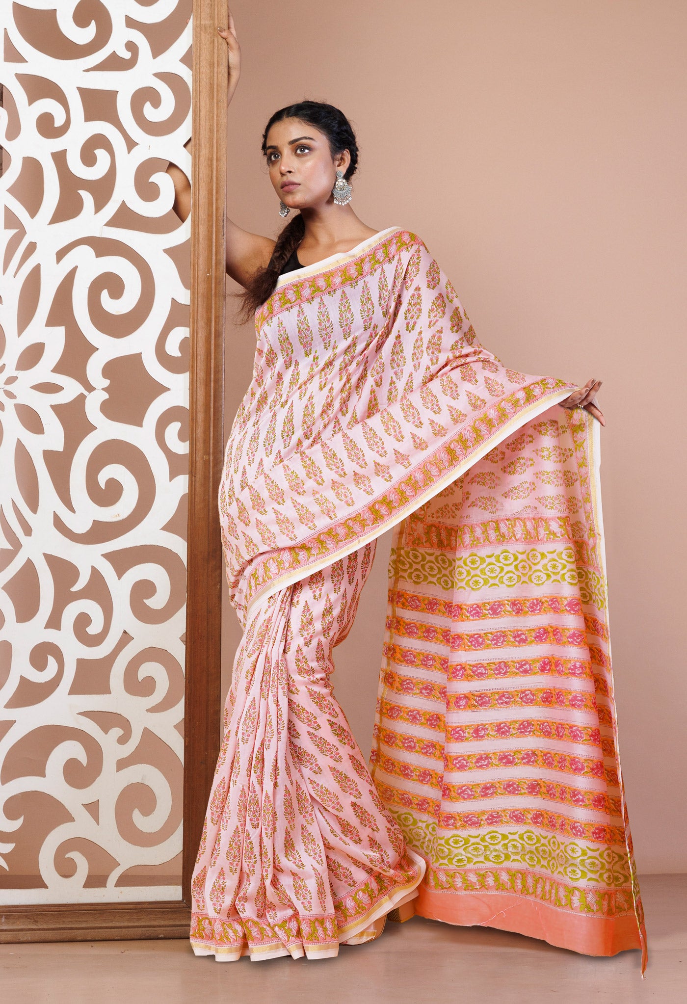 Pink Pure Hand Block Printed Chanderi Sico Saree