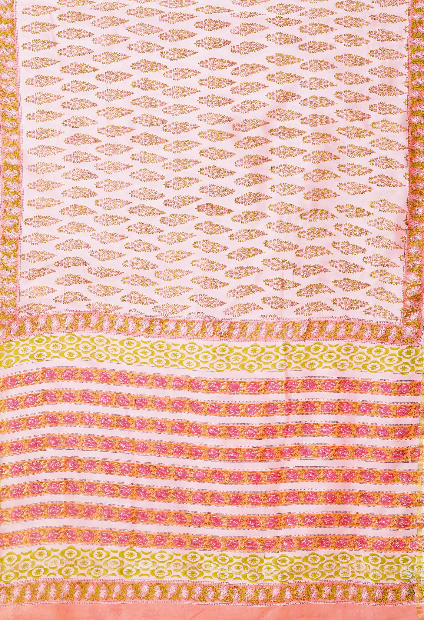 Pink Pure Hand Block Printed Chanderi Sico Saree