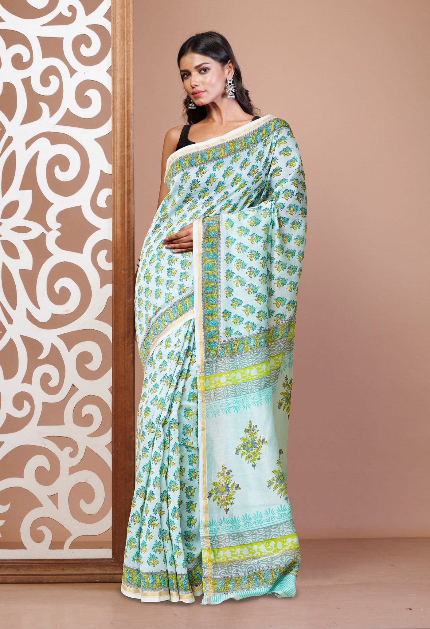 Turquoise Green Pure Hand Block Printed Chanderi Sico Saree