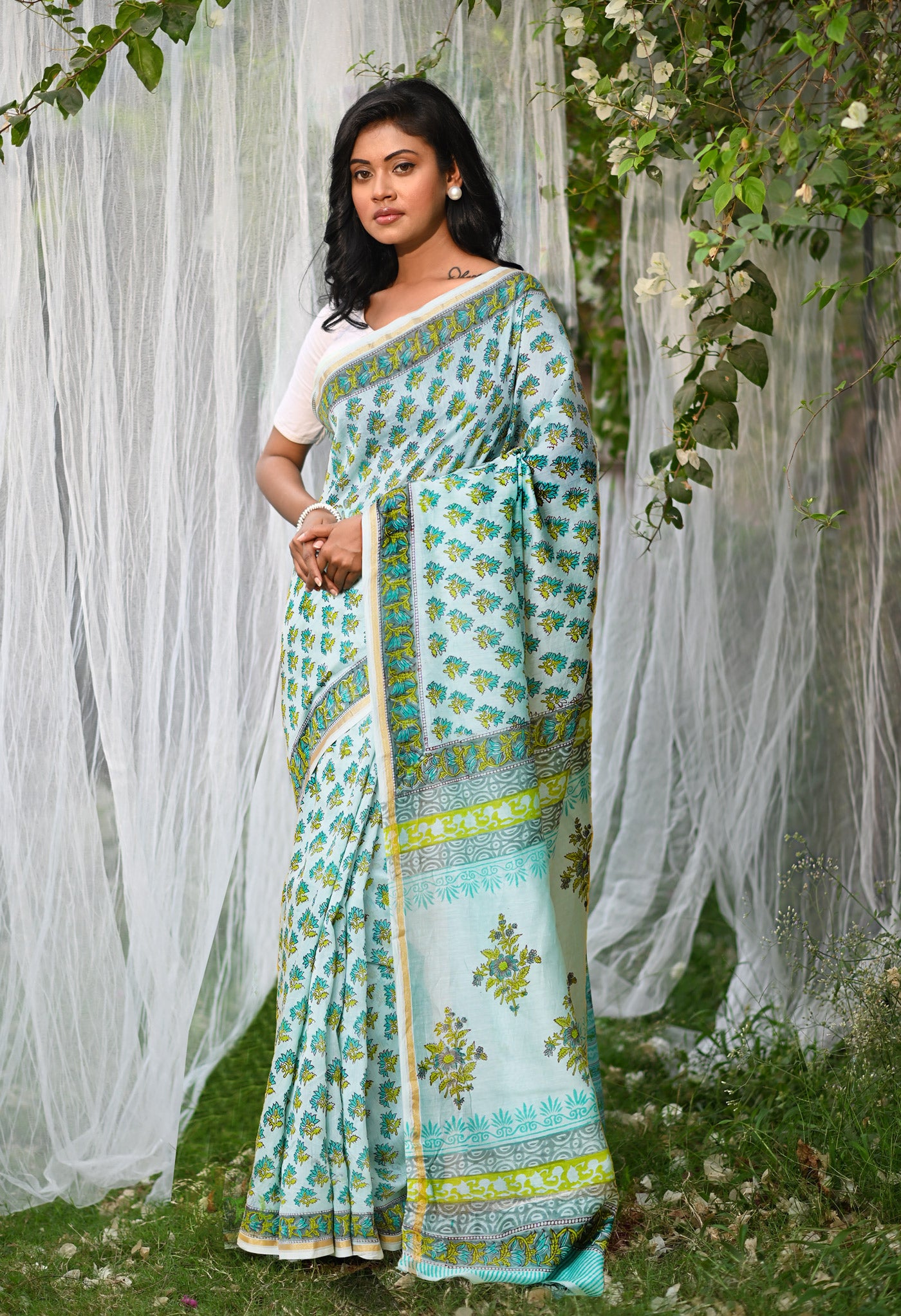 Turquoise Green Pure Hand Block Printed Chanderi Sico Saree-UNM79376