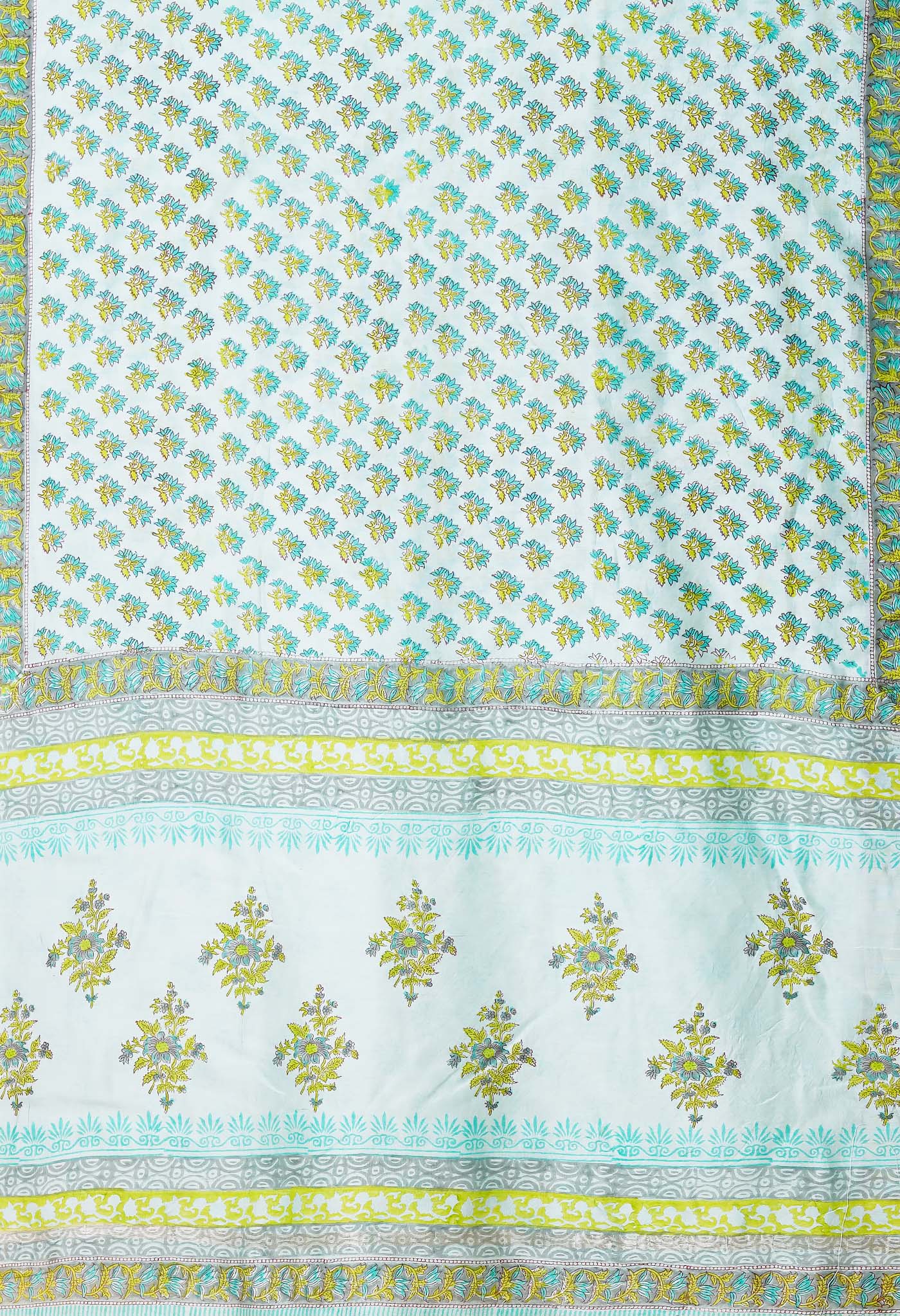 Turquoise Green Pure Hand Block Printed Chanderi Sico Saree