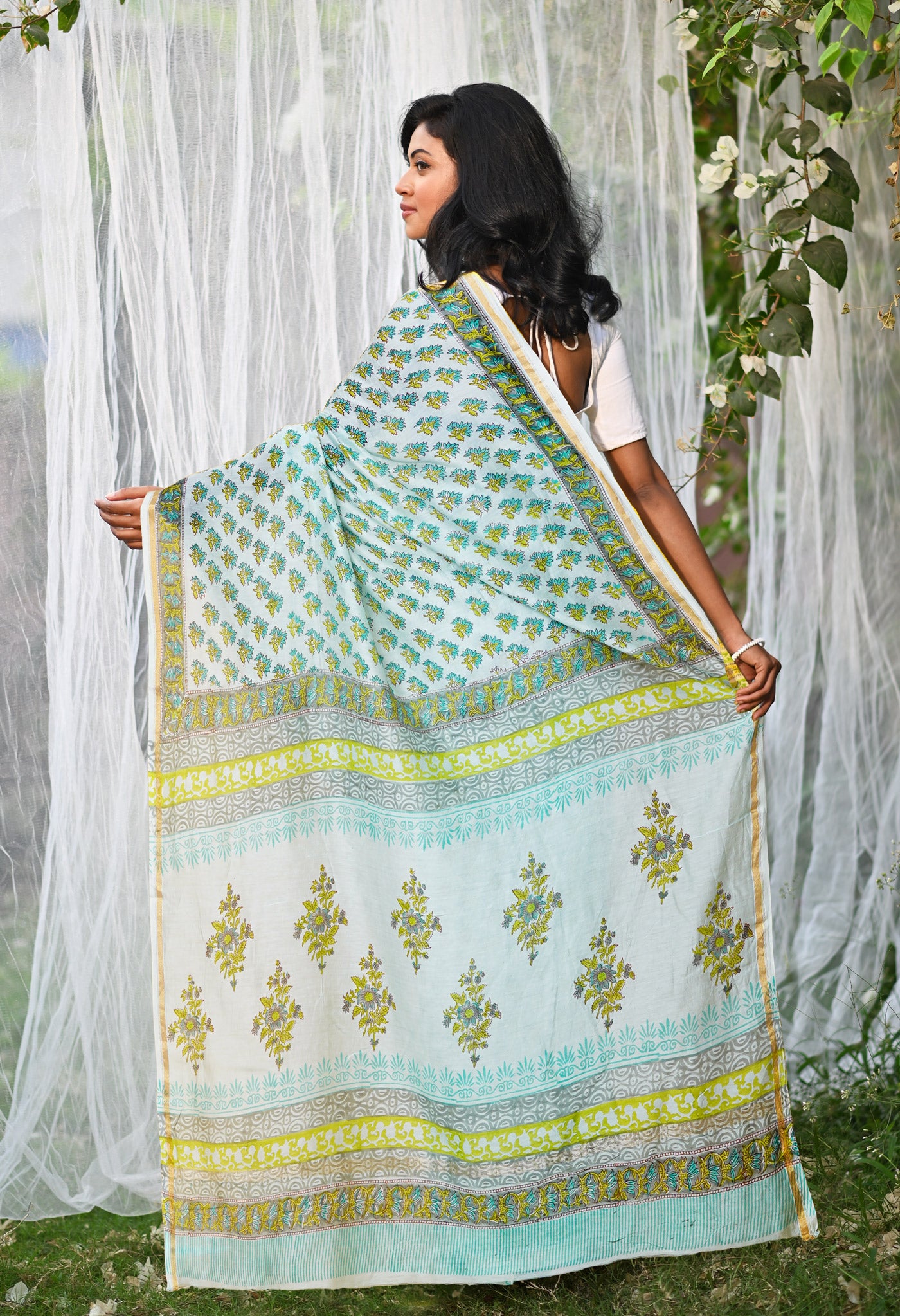 Turquoise Green Pure Hand Block Printed Chanderi Sico Saree-UNM79376