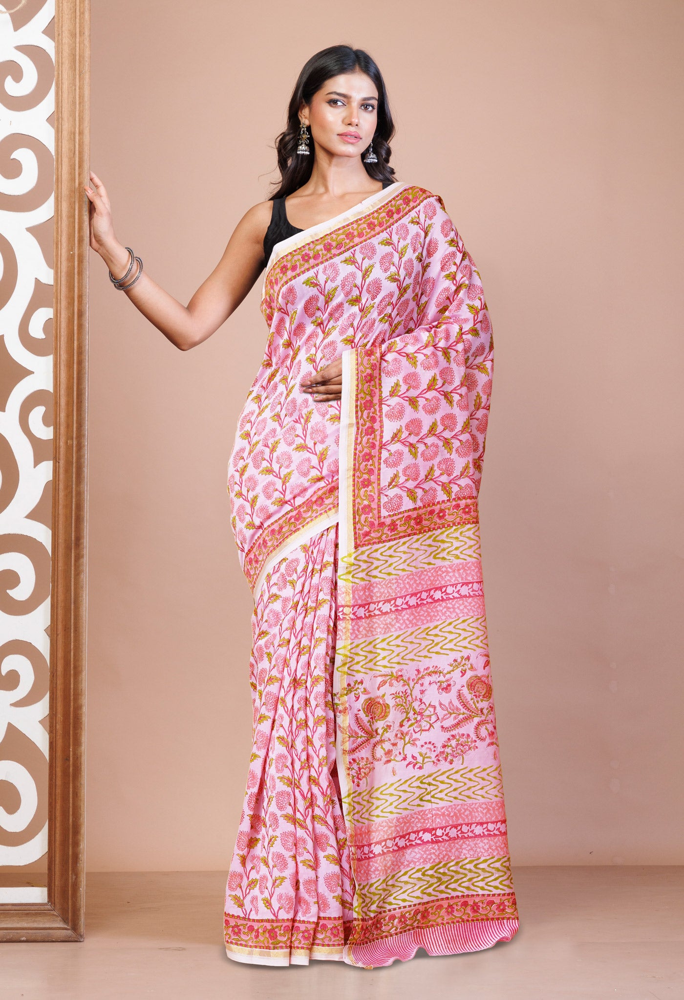 Pink Pure Hand Block Printed Chanderi Sico Saree