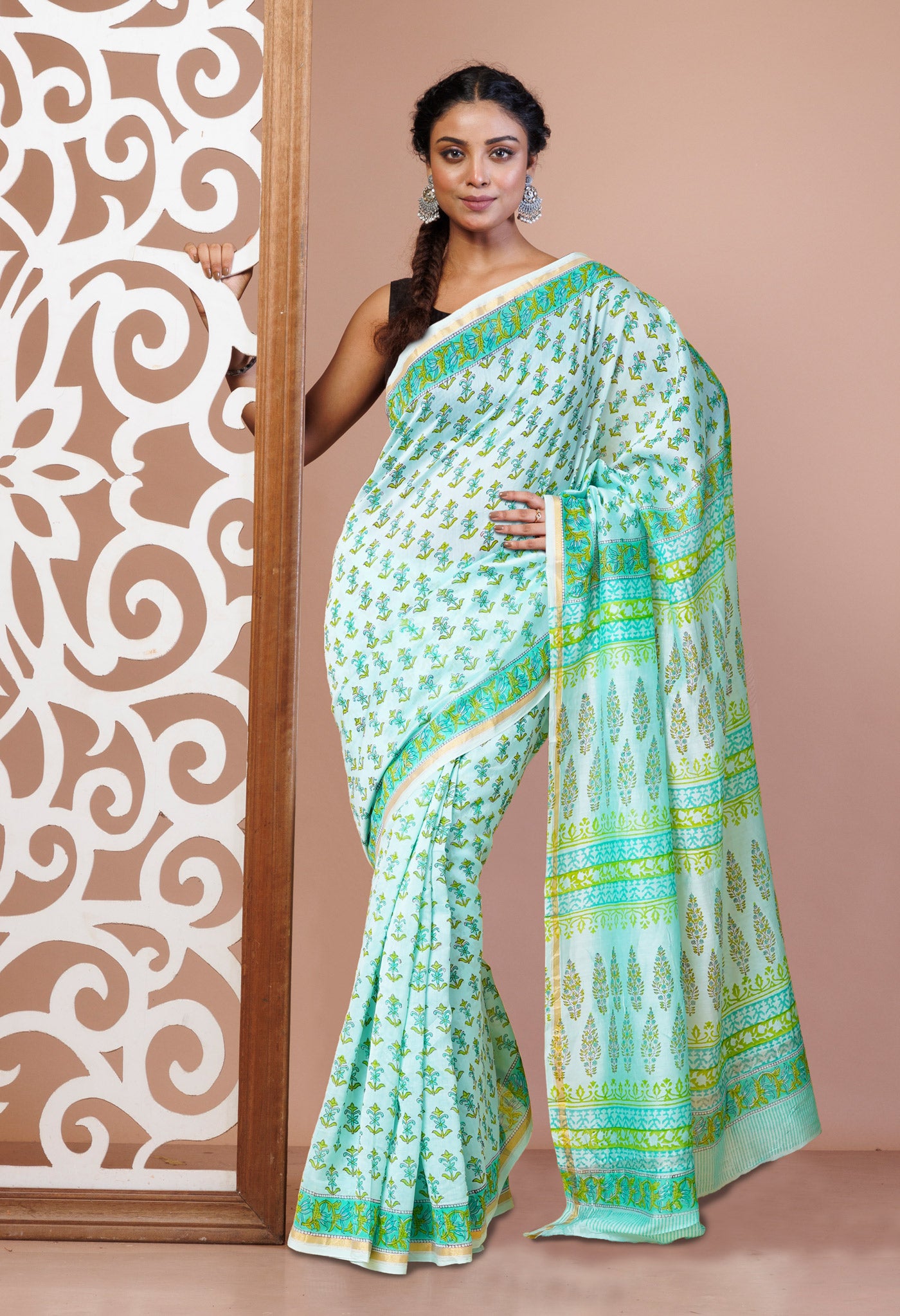 Turquoise Green Pure Hand Block Printed Chanderi Sico Saree