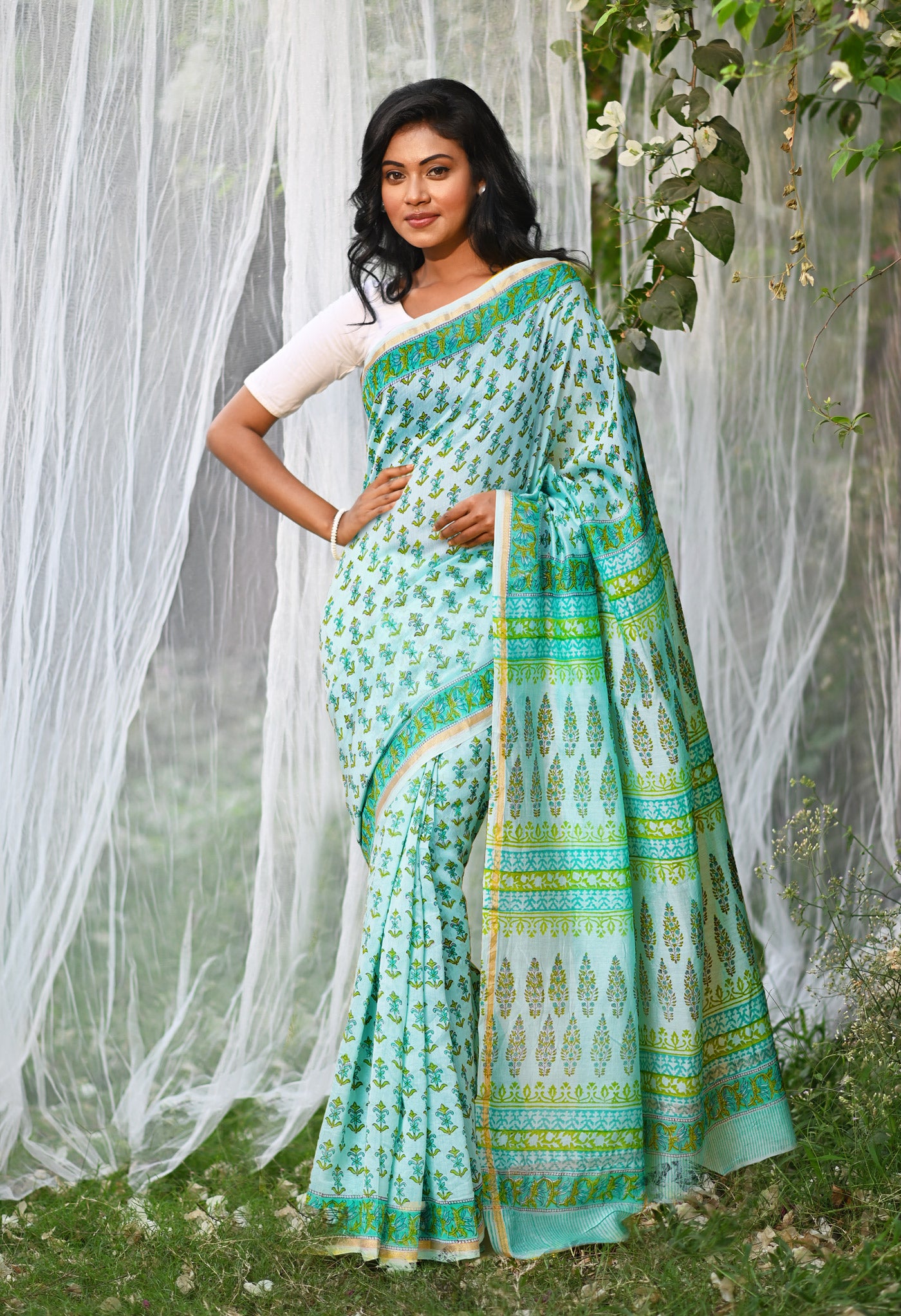 Turquoise Green Pure Hand Block Printed Chanderi Sico Saree-UNM79378