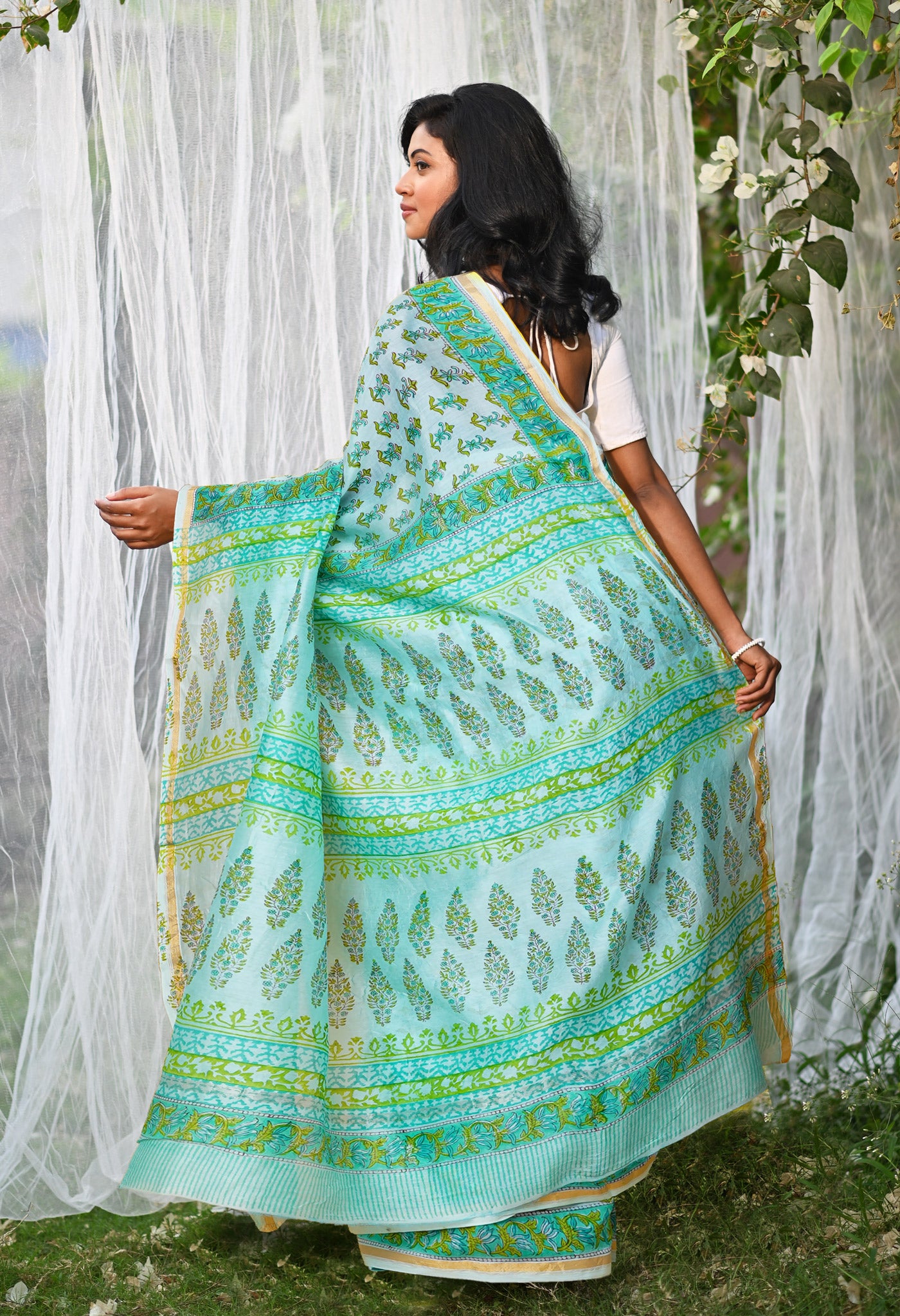 Turquoise Green Pure Hand Block Printed Chanderi Sico Saree-UNM79378