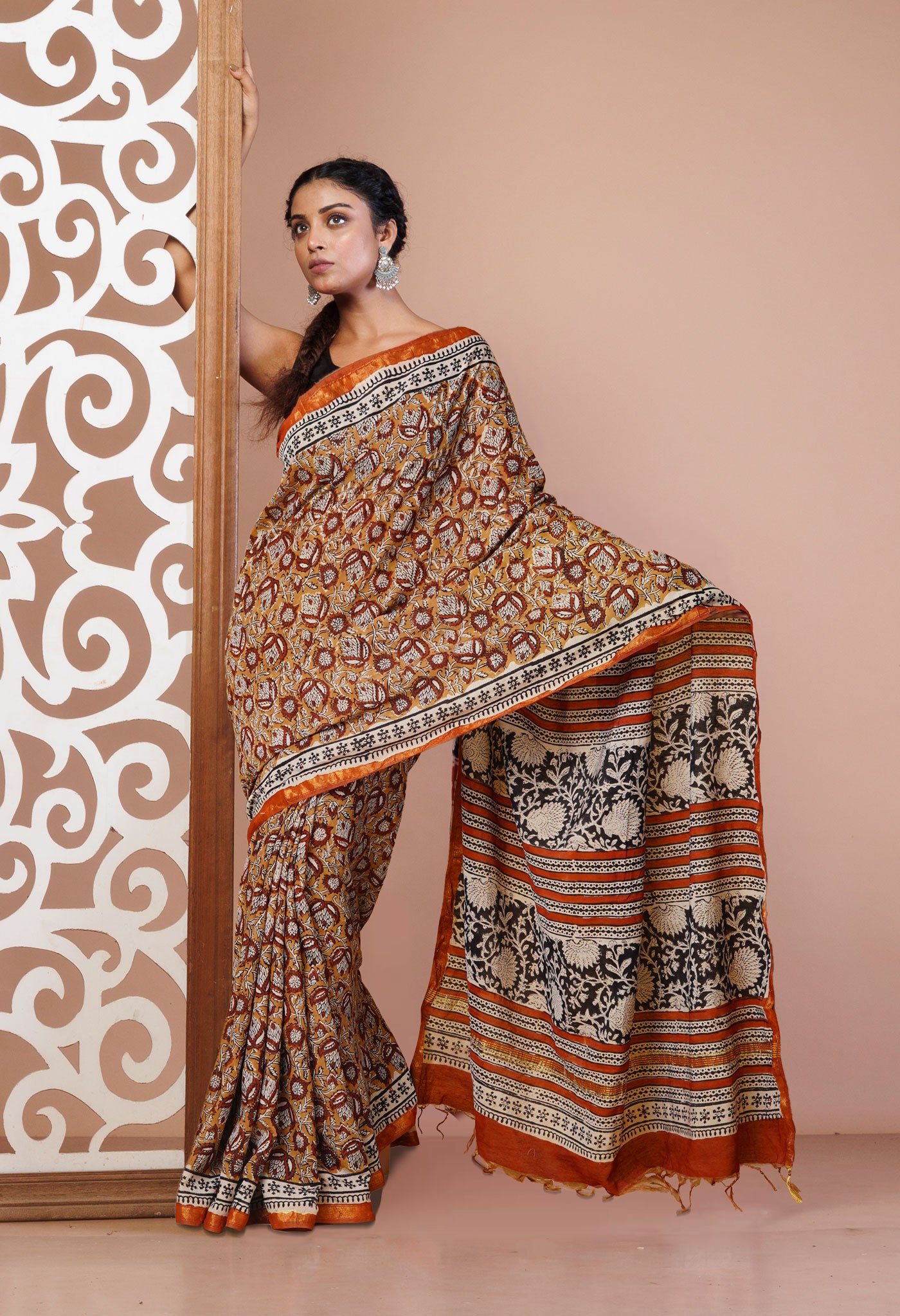 Brown Pure Bagru Printed Pashmina Sico Saree-UNM79399