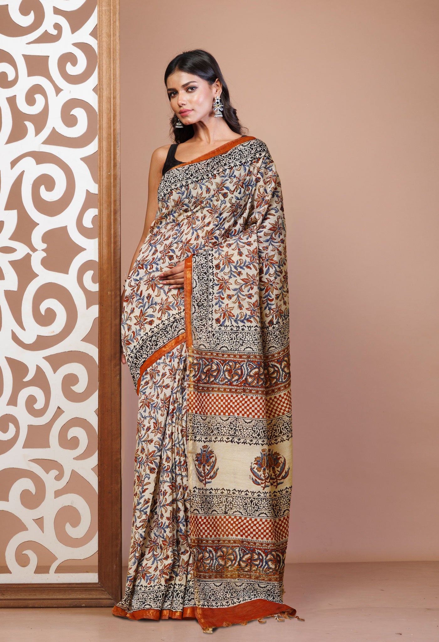 Cream Pure Bagru Printed Pashmina Sico Saree-UNM79402