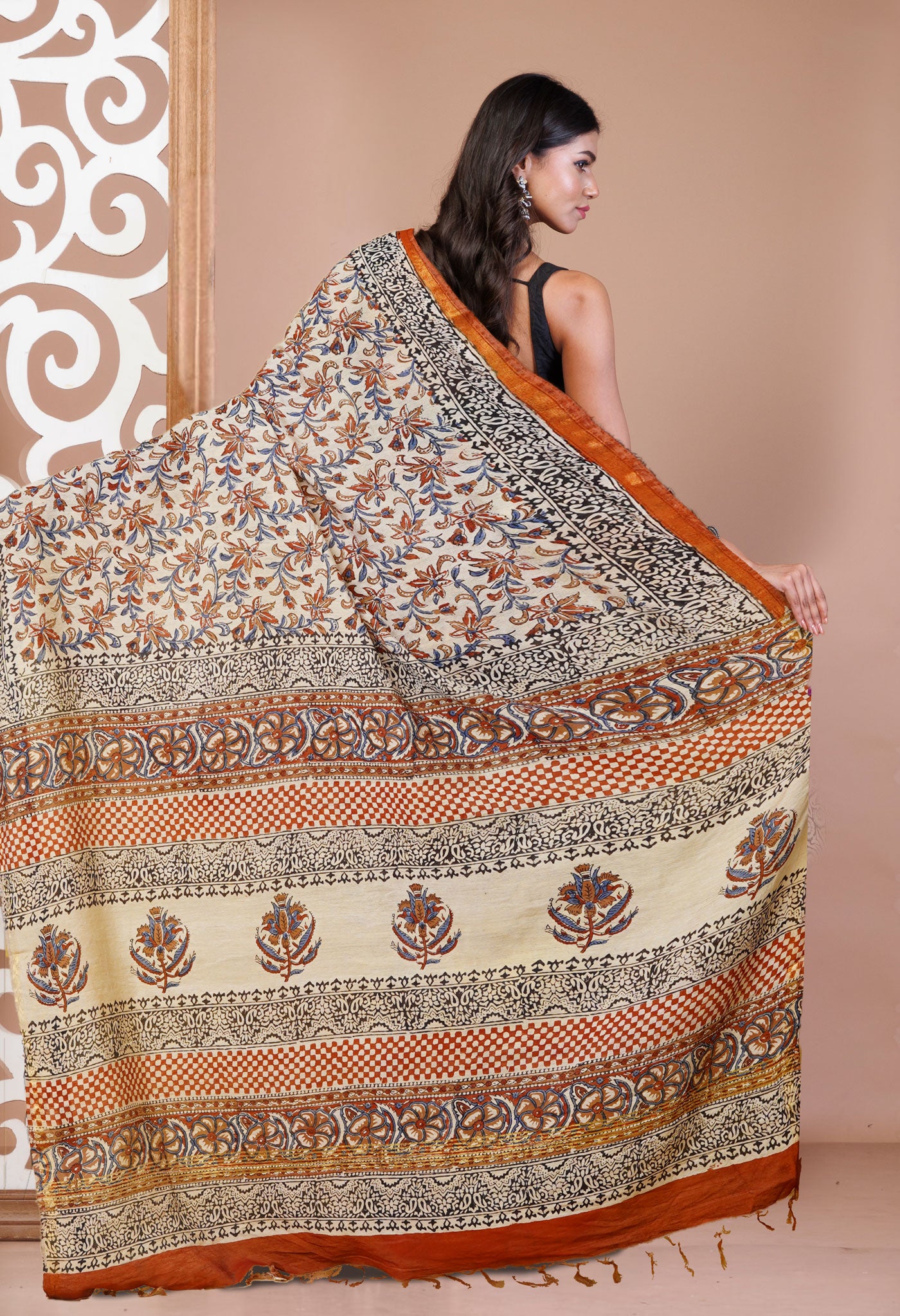 Cream Pure Bagru Printed Pashmina Sico Saree-UNM79402