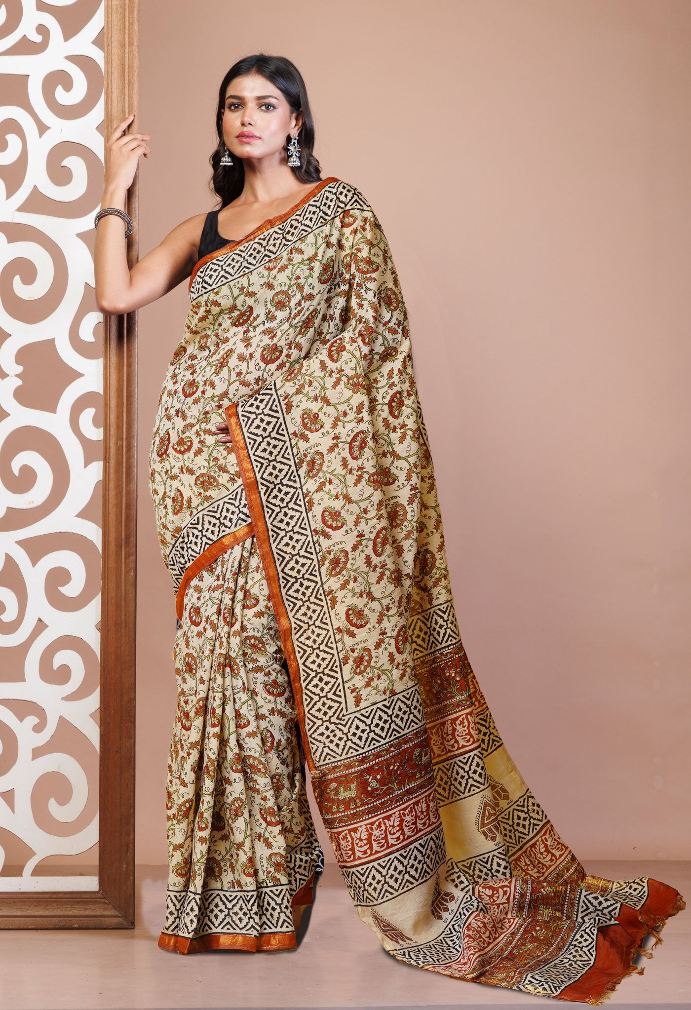 Cream Pure Bagru Printed Pashmina Sico Saree-UNM79403