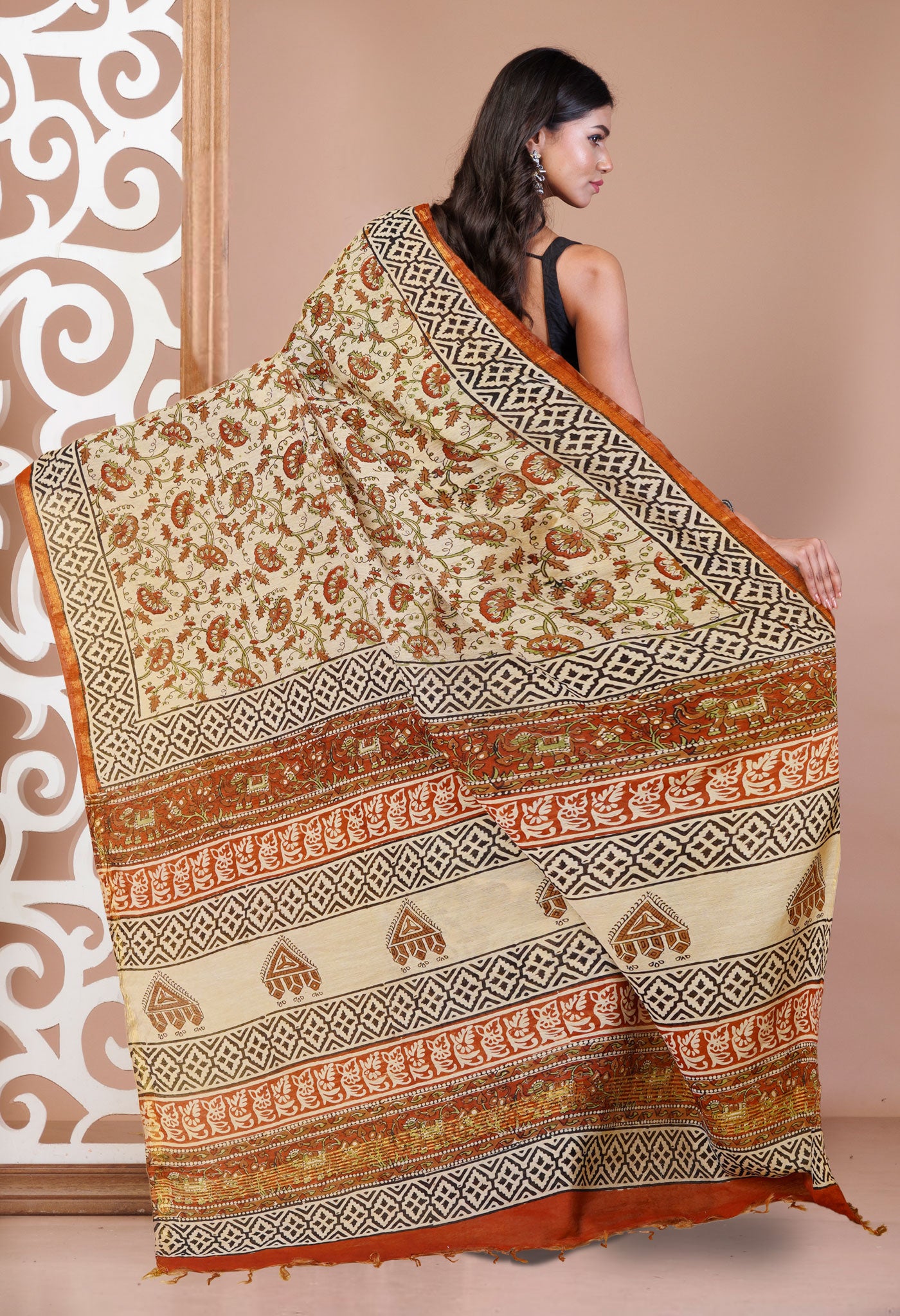 Cream Pure Bagru Printed Pashmina Sico Saree-UNM79403