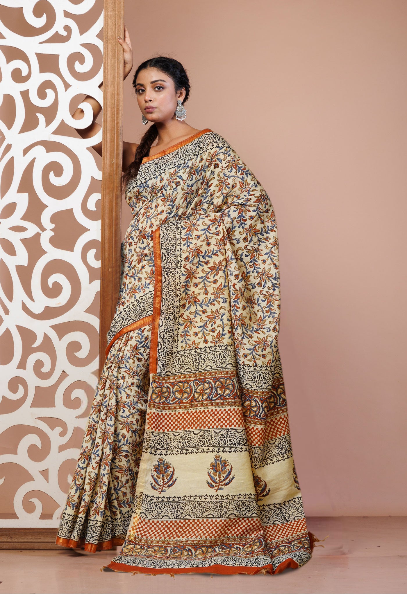 Cream Pure Bagru Printed Pashmina Sico Saree-UNM79404