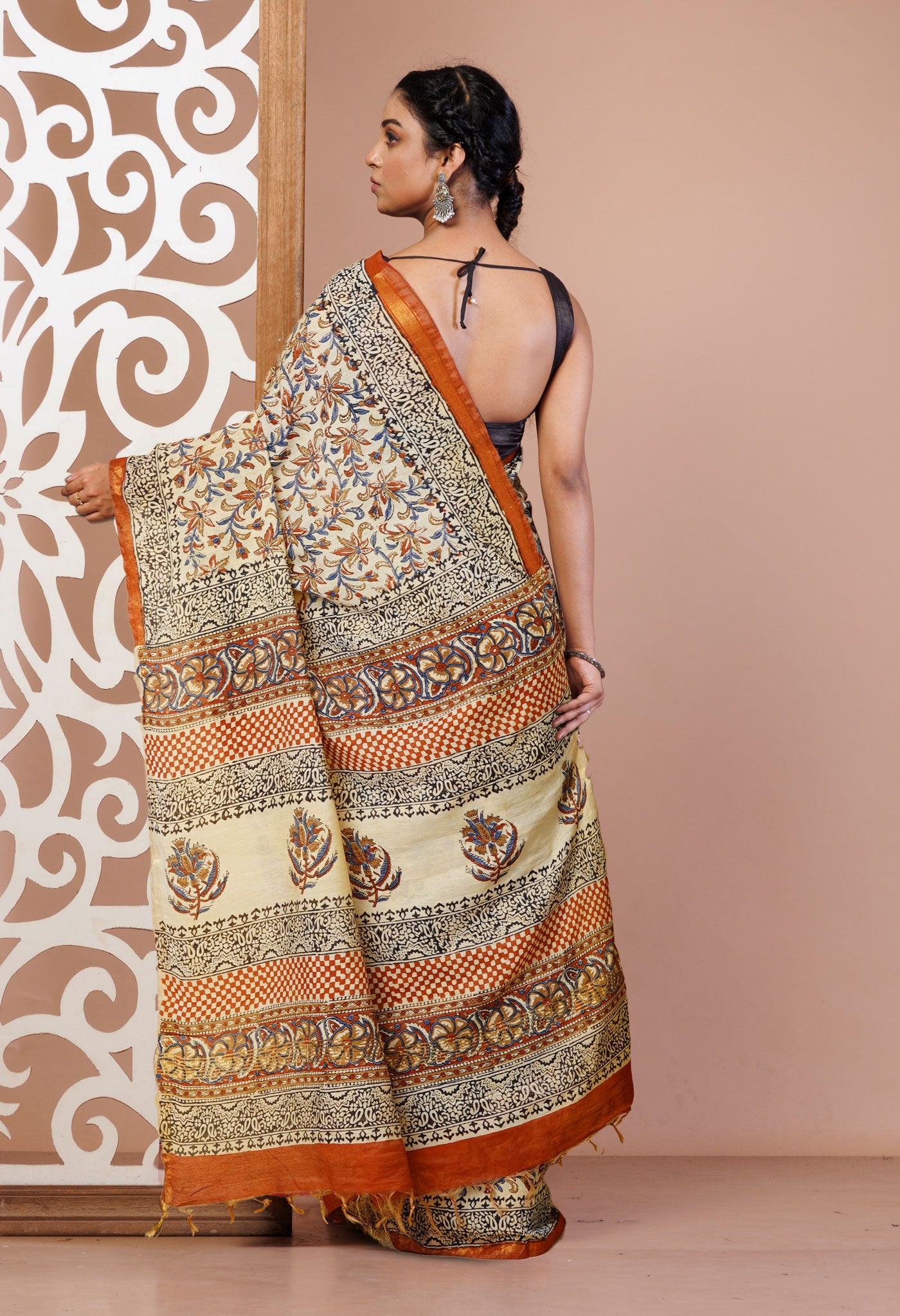 Cream Pure Bagru Printed Pashmina Sico Saree-UNM79404