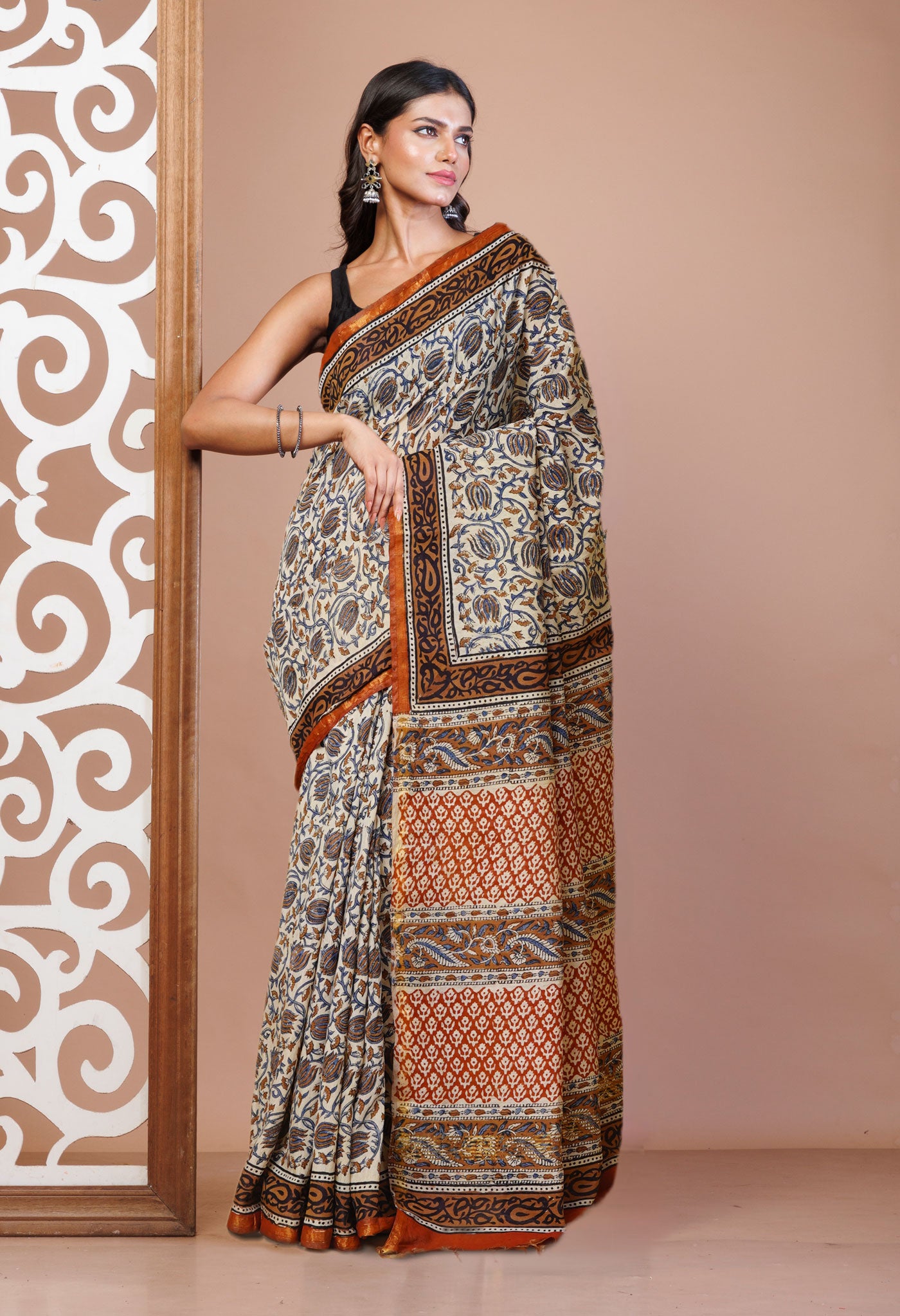 Cream Pure Bagru Printed Pashmina Sico Saree-UNM79405