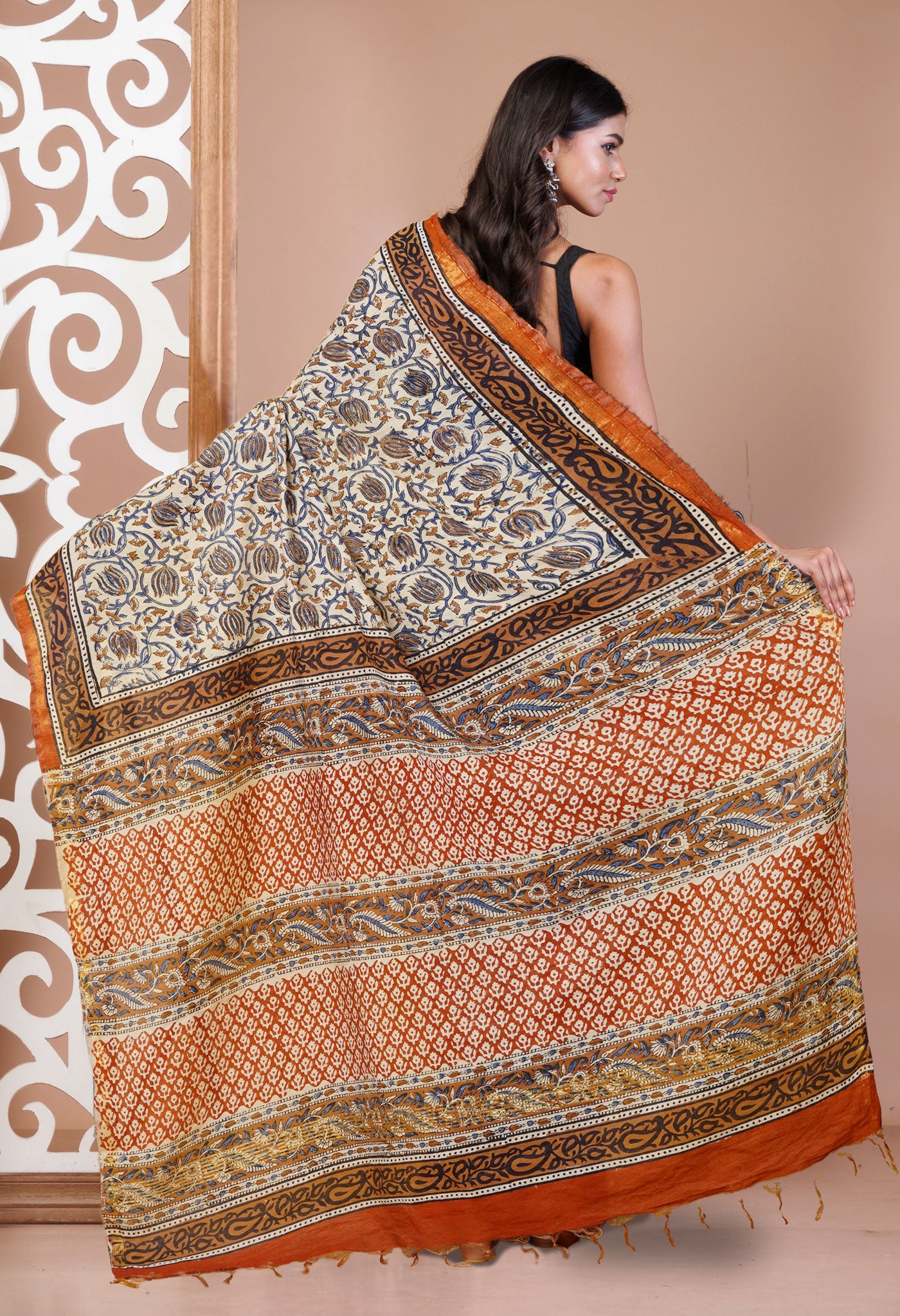 Cream Pure Bagru Printed Pashmina Sico Saree-UNM79405