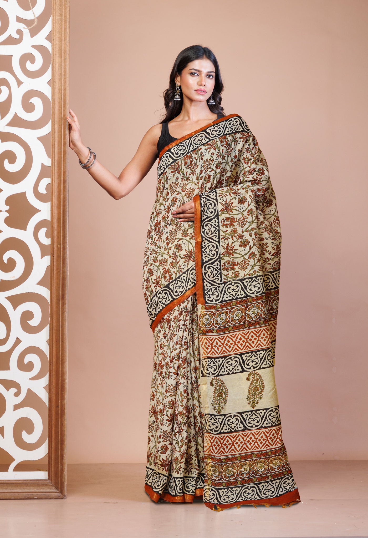 Cream Pure Bagru Printed Pashmina Sico Saree-UNM79406