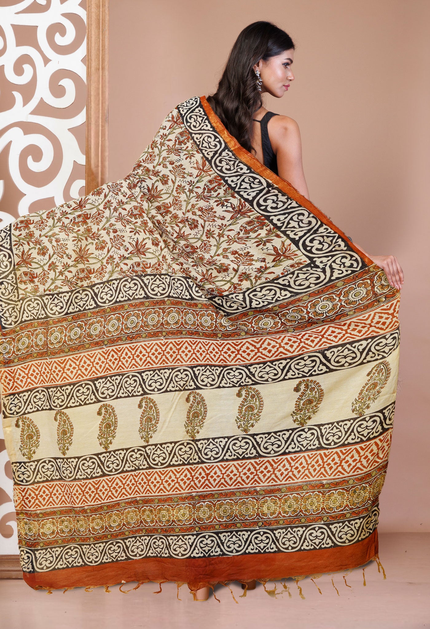 Cream Pure Bagru Printed Pashmina Sico Saree-UNM79406