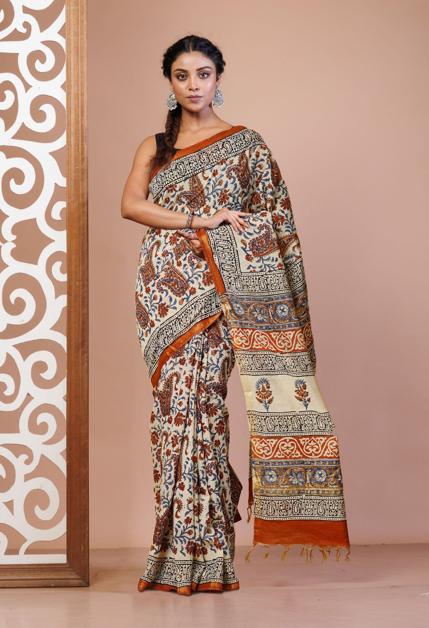 Cream Pure Bagru Printed Pashmina Sico Saree-UNM79407