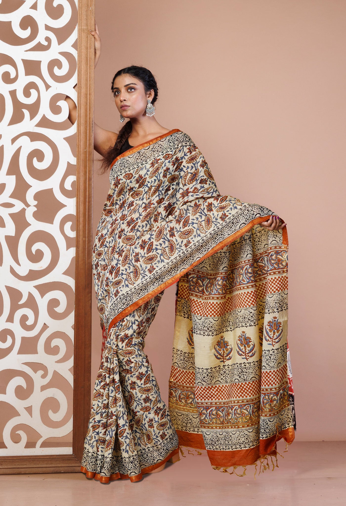 Cream Pure Bagru Printed Pashmina Sico Saree-UNM79408